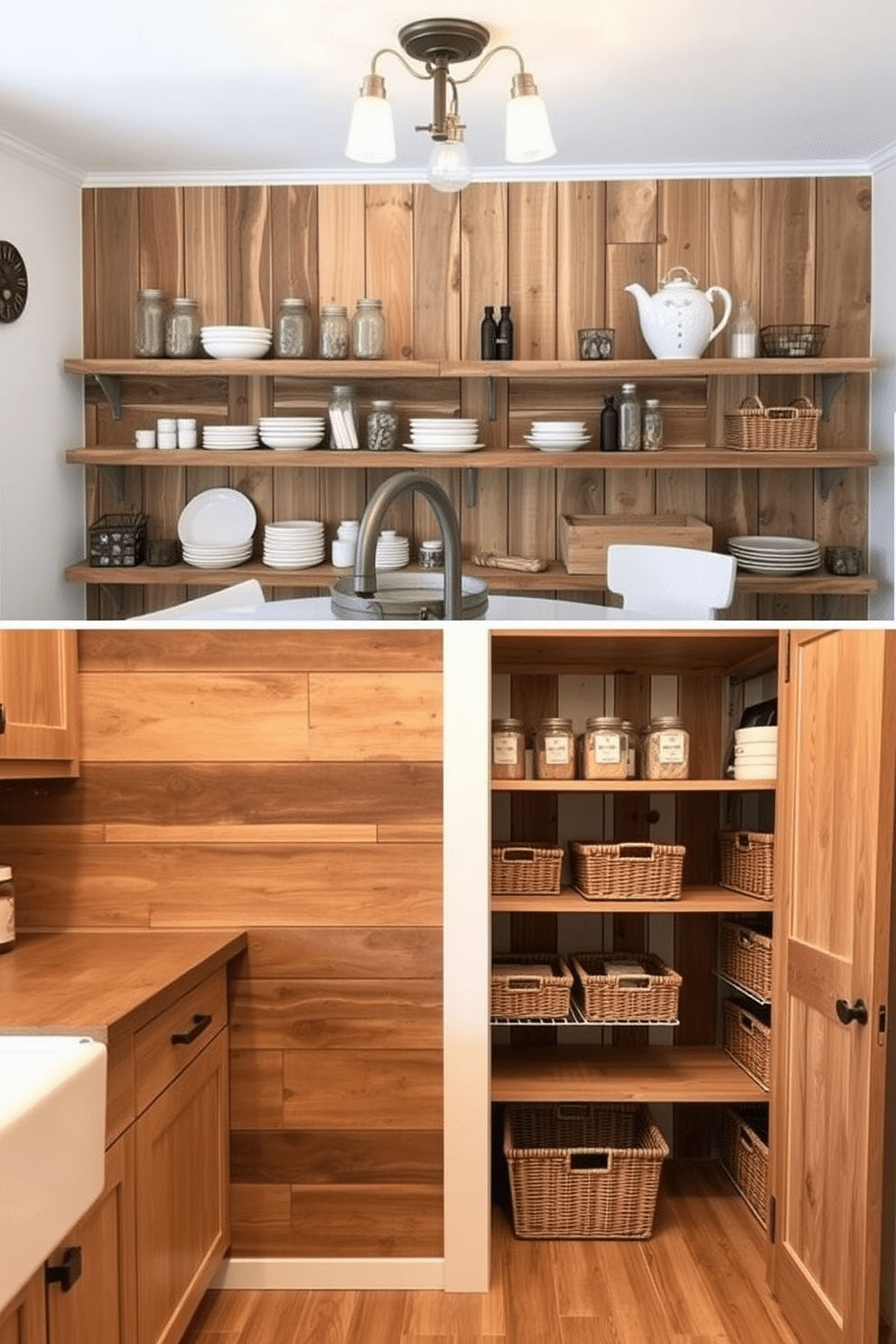 A cozy farmhouse kitchen featuring pallet wood accents. The walls are adorned with reclaimed wood panels, and open shelving displays rustic dishware and mason jars. An inviting closet pantry designed for functionality and style. It includes custom-built shelves made from reclaimed wood, with woven baskets for organization and a sliding barn door for easy access.