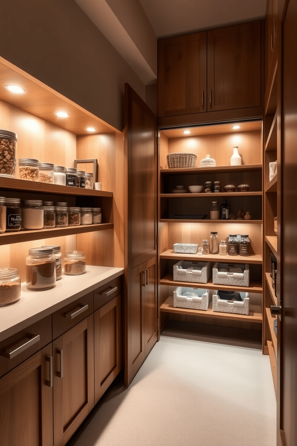 A warm, inviting closet pantry with soft mood lighting that creates a cozy atmosphere. The shelves are lined with neatly organized jars and baskets, illuminated by gentle recessed lighting that highlights the rich wooden textures. A functional yet stylish closet pantry featuring custom cabinetry and open shelving. The design incorporates warm tones and decorative accents, with ambient lighting casting a soft glow over the neatly arranged pantry items.