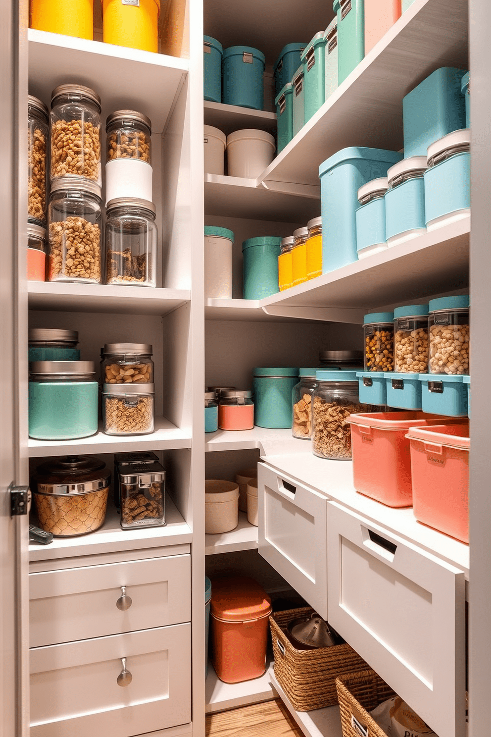 A stylish closet pantry features color-coordinated containers that enhance the visual appeal while providing functional storage solutions. The shelves are neatly organized, showcasing a variety of jars and bins in complementary hues, creating a cohesive and inviting atmosphere. The pantry layout maximizes space with adjustable shelving and pull-out drawers for easy access. Soft lighting highlights the organized containers, making it a beautiful and practical addition to any kitchen.