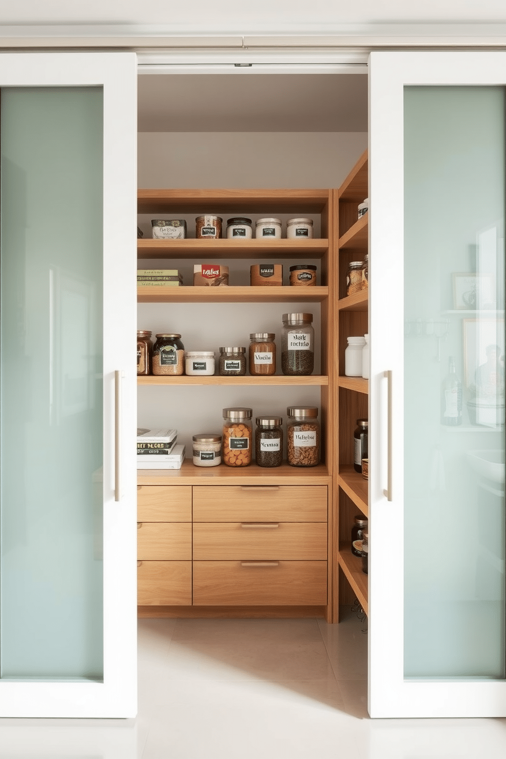 A modern closet pantry with sliding doors that maximize space efficiency. The interior features open shelving made of natural wood, neatly organized with labeled containers and jars for easy access. The sliding doors are crafted from frosted glass, adding a touch of elegance while allowing light to filter through. The pantry walls are painted in a soft white, creating a bright and airy atmosphere that complements the wooden shelves.