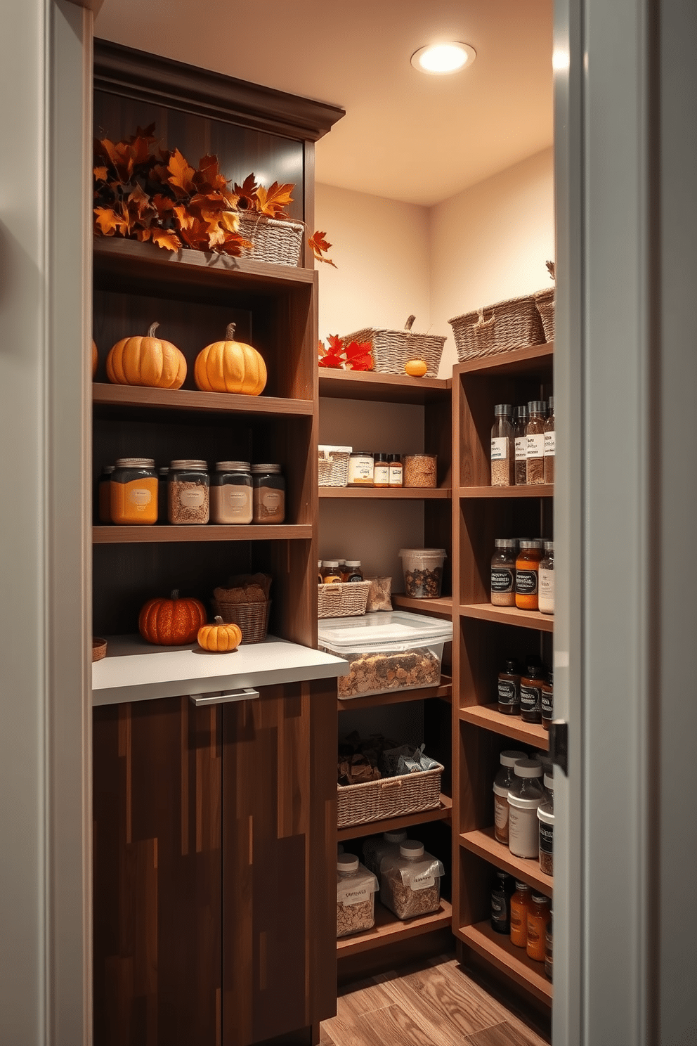 A cozy pantry adorned with seasonal decor, featuring autumn-themed accents like mini pumpkins and colorful leaves arranged on the shelves. The walls are painted a soft cream, while the wooden shelves are neatly organized with labeled jars and baskets, creating a warm and inviting atmosphere. A modern closet pantry design showcasing sleek cabinetry in a rich walnut finish, complemented by open shelving for easy access to frequently used items. The space is illuminated by recessed lighting, highlighting the neat arrangement of spices and dry goods in clear containers, ensuring both functionality and style.