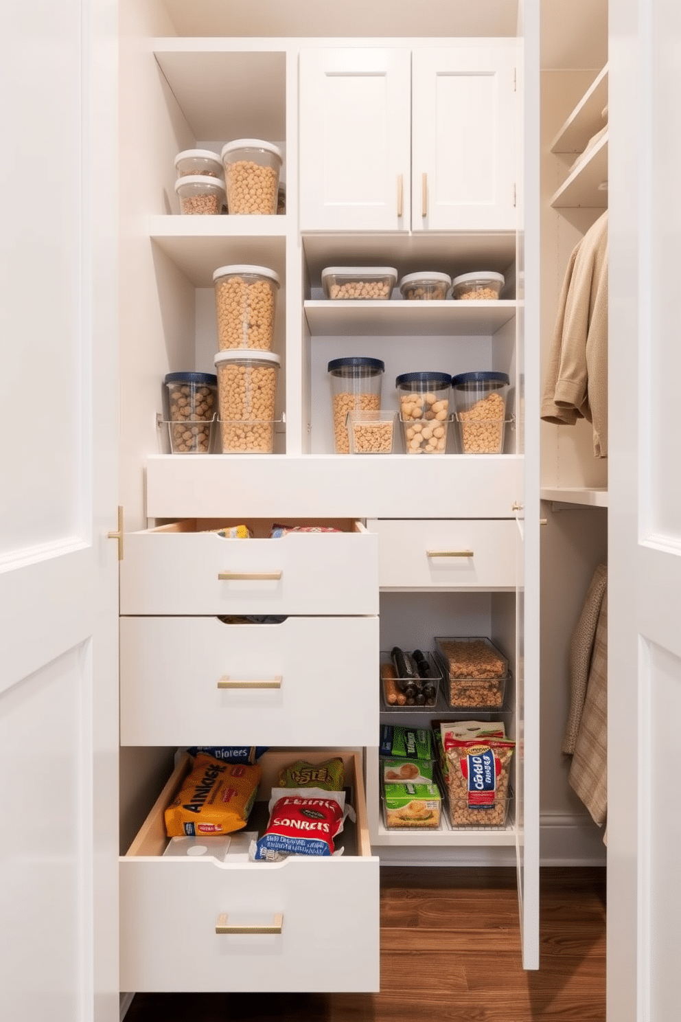 A modern closet pantry featuring pull-out drawers designed for easy access to hidden snacks. The cabinetry is a sleek white with brushed gold hardware, and the interior is organized with clear containers for a tidy look.