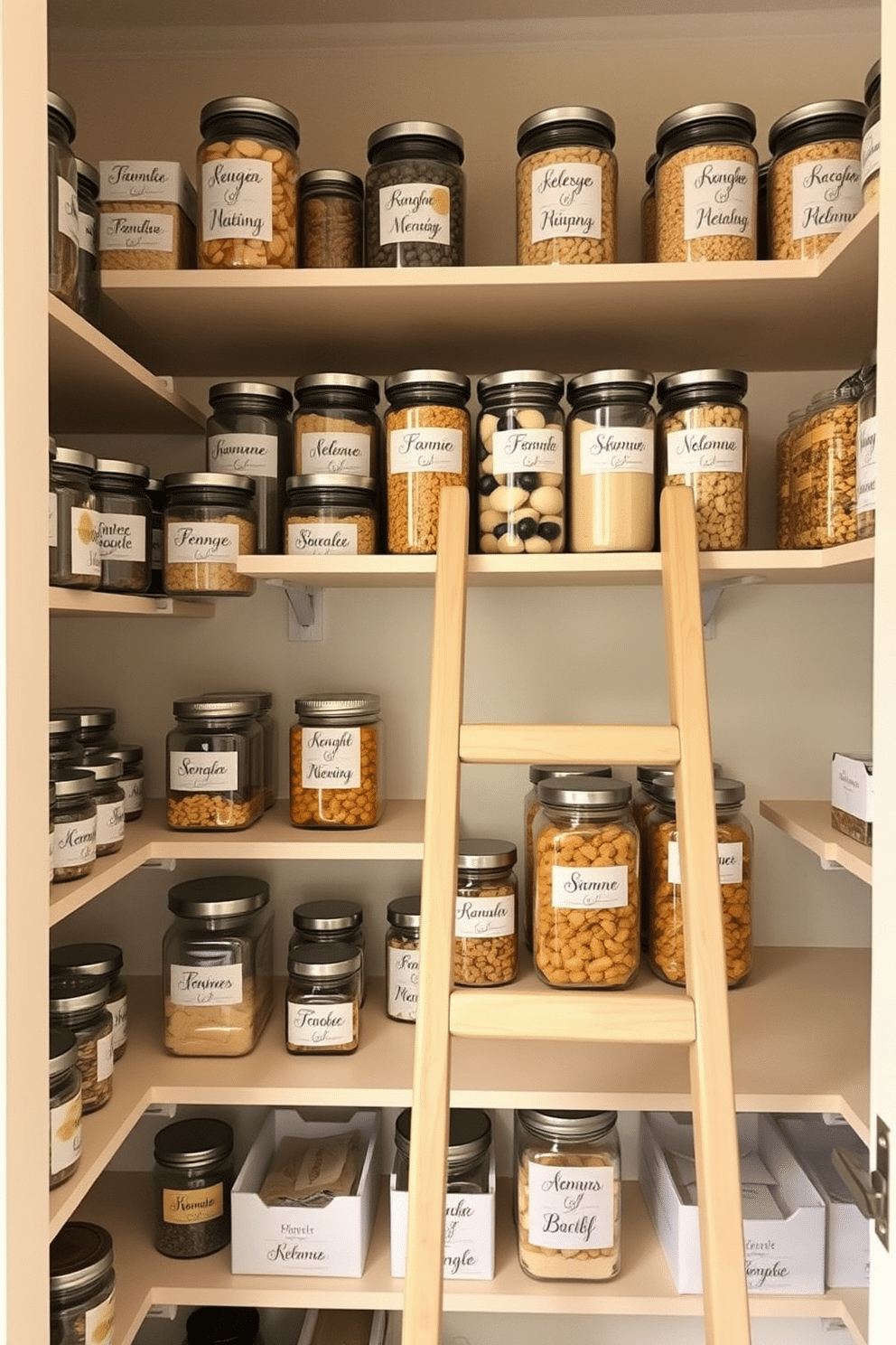 A sleek closet pantry featuring labeled jars for quick identification. The shelves are organized with clear glass containers, each adorned with elegant, handwritten labels for easy access. The pantry walls are painted in a soft cream color, creating a warm and inviting atmosphere. A stylish wooden ladder leans against the shelves, providing access to the upper storage areas while adding a touch of rustic charm.