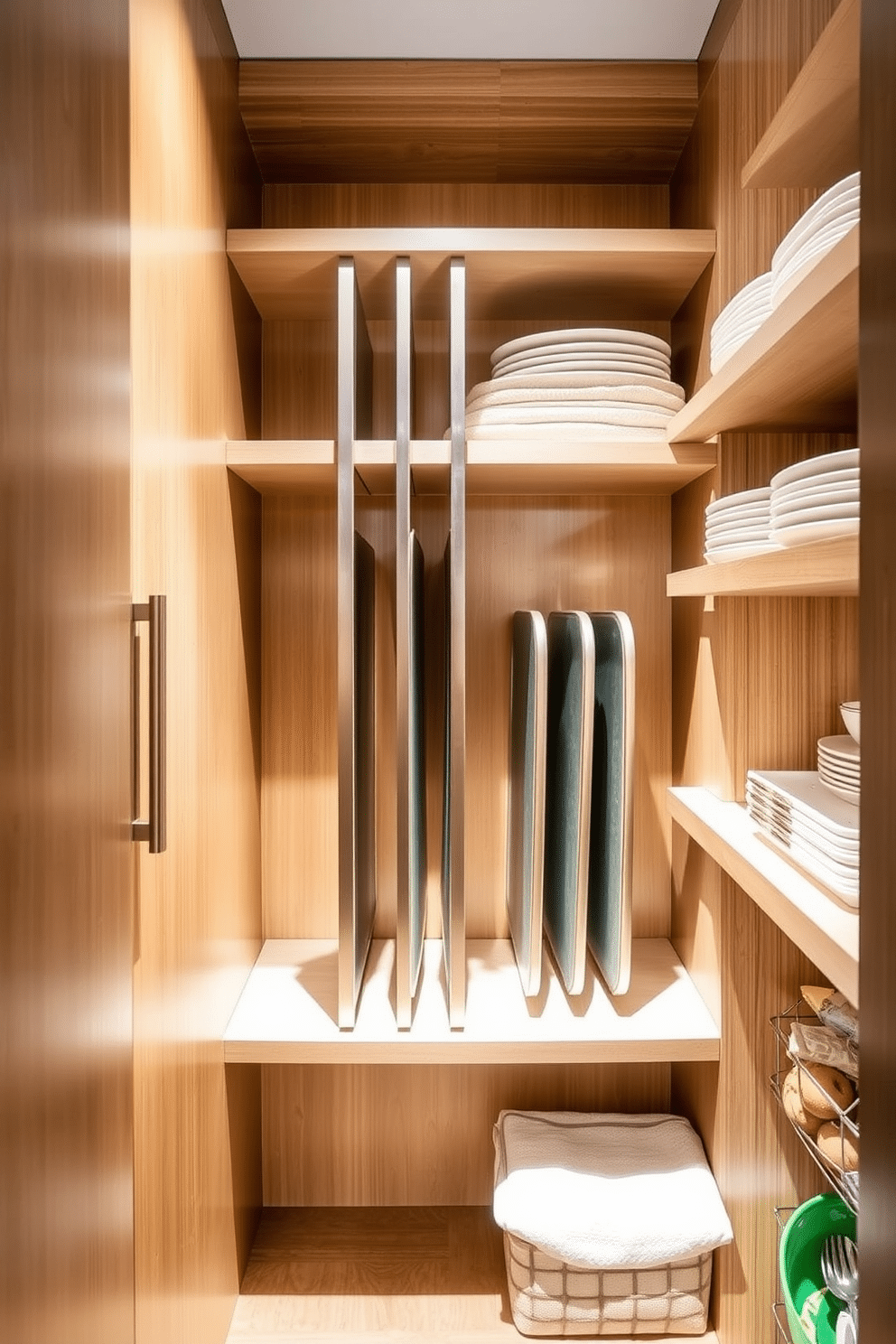 A sleek closet pantry featuring vertical dividers specifically designed for organizing baking sheets. The dividers are crafted from brushed stainless steel, seamlessly integrated into custom shelving that maximizes vertical space. Soft, ambient lighting illuminates the pantry, highlighting the neatly arranged baking sheets and other kitchen essentials. The cabinetry is finished in a warm, natural wood tone, creating an inviting and functional storage area.