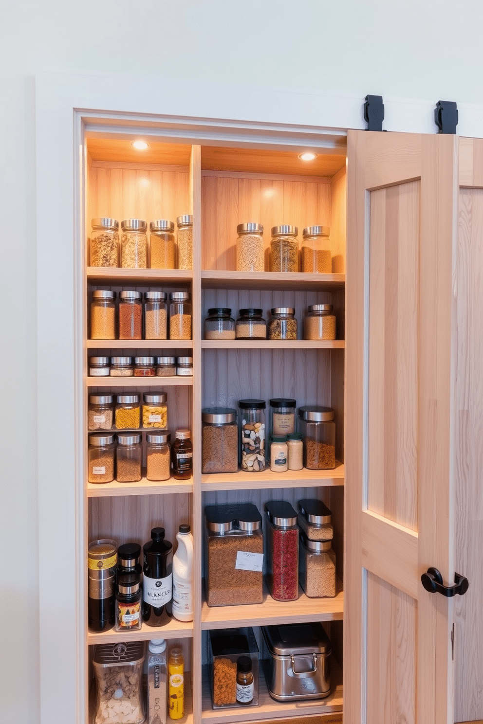 A modern closet pantry features tiered shelves that maximize vertical space, allowing easy access to a variety of kitchen items. The shelves are crafted from light wood, with clear glass containers neatly arranged to showcase colorful spices and dry goods. The pantry is illuminated by warm LED strip lighting, highlighting the organized layout and creating an inviting atmosphere. A sliding barn door in a rustic finish adds character while providing easy access to the pantry's contents.