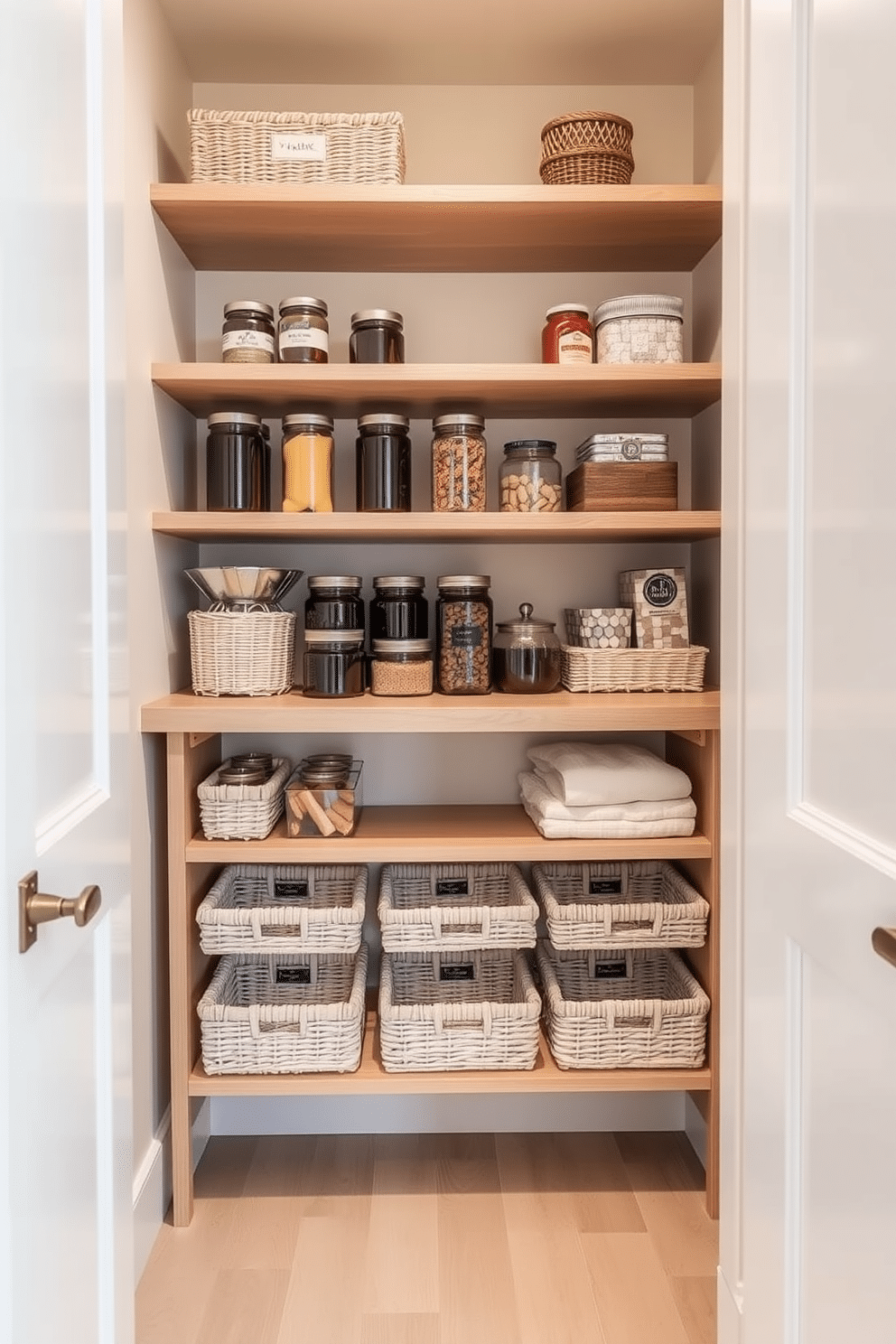 A stylish closet pantry featuring under-shelf baskets for extra space. The baskets are neatly arranged, maximizing storage efficiency while maintaining a clean aesthetic. The pantry walls are painted in a soft cream color, enhancing the natural light that filters in. Sleek wooden shelving complements the modern design, providing ample space for jars and dry goods.