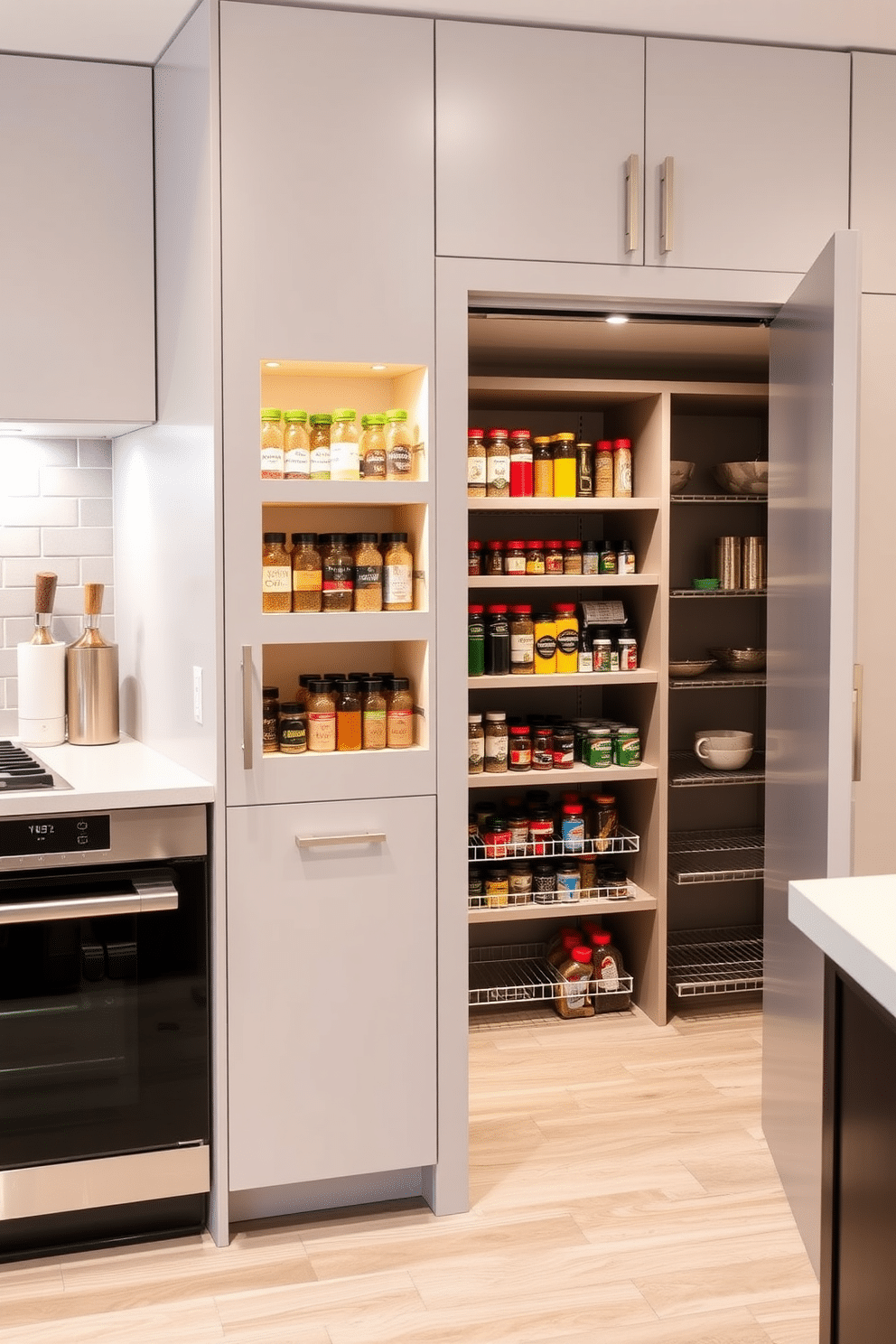 A modern kitchen featuring built-in spice racks for convenience. The spice racks are seamlessly integrated into the cabinetry, showcasing a variety of colorful spices in clear jars. Adjacent to the spice racks, a stylish closet pantry design maximizes storage with adjustable shelves. The pantry door is adorned with a sleek, matte finish, providing a contemporary touch to the overall kitchen aesthetic.