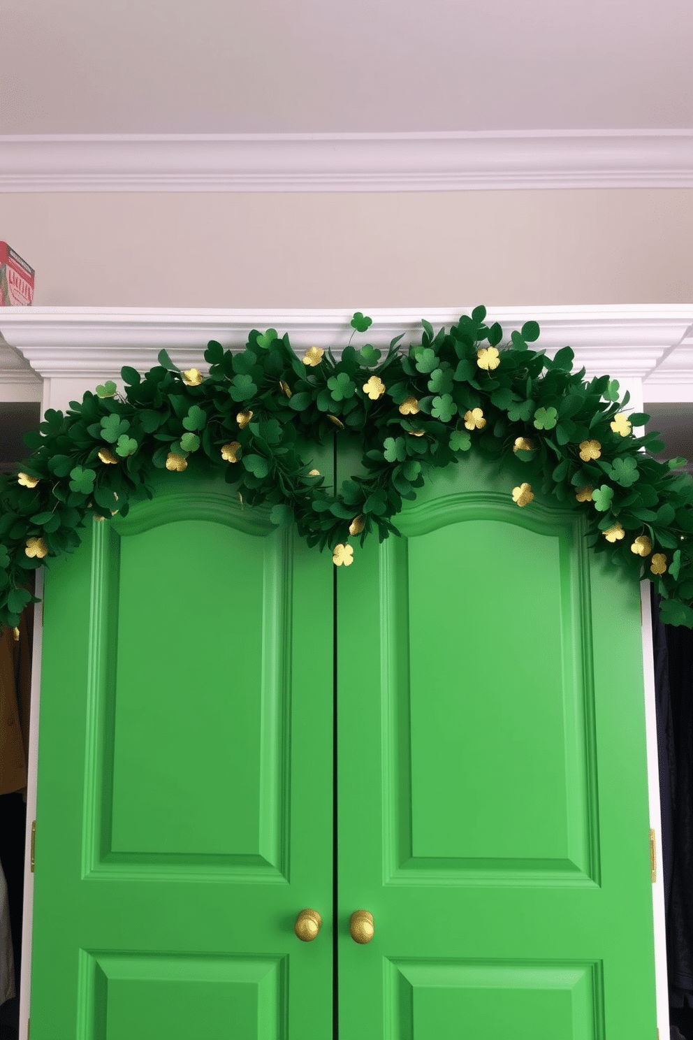 A vibrant St. Patrick's Day-themed closet adorned with a lush green and gold shamrock garland draped elegantly across the top. The closet doors are painted a cheerful shade of green, complemented by gold accents, creating a festive atmosphere perfect for the holiday.