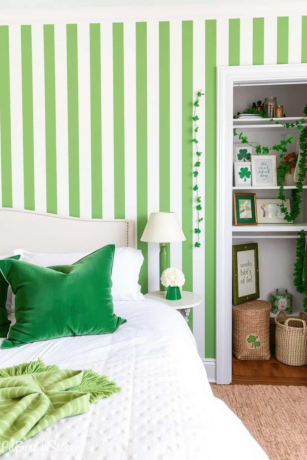 A charming bedroom adorned with green and white striped wallpaper that adds a fresh and vibrant touch to the space. The walls are complemented by a cozy white bedspread and plush green pillows, creating a harmonious balance between color and comfort. To the right, a stylish closet features decorative St. Patrick's Day accents, including festive garlands and themed artwork. A small table beside the bed holds a whimsical shamrock centerpiece, enhancing the room's cheerful ambiance.