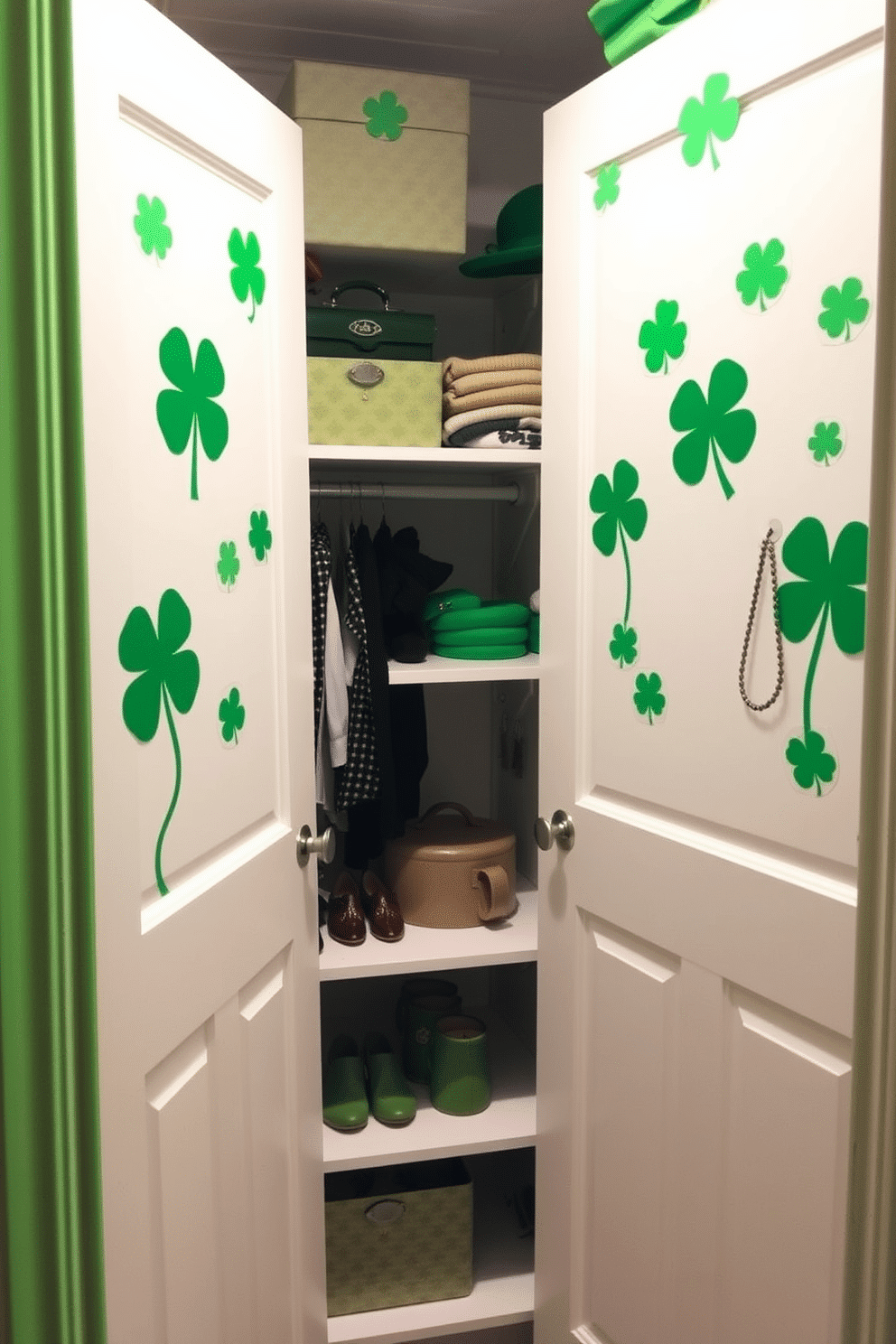 A charming closet adorned with clover decals on the doors, bringing a festive touch for St. Patrick's Day. The green accents create a lively atmosphere, complemented by white shelving that showcases neatly organized accessories.