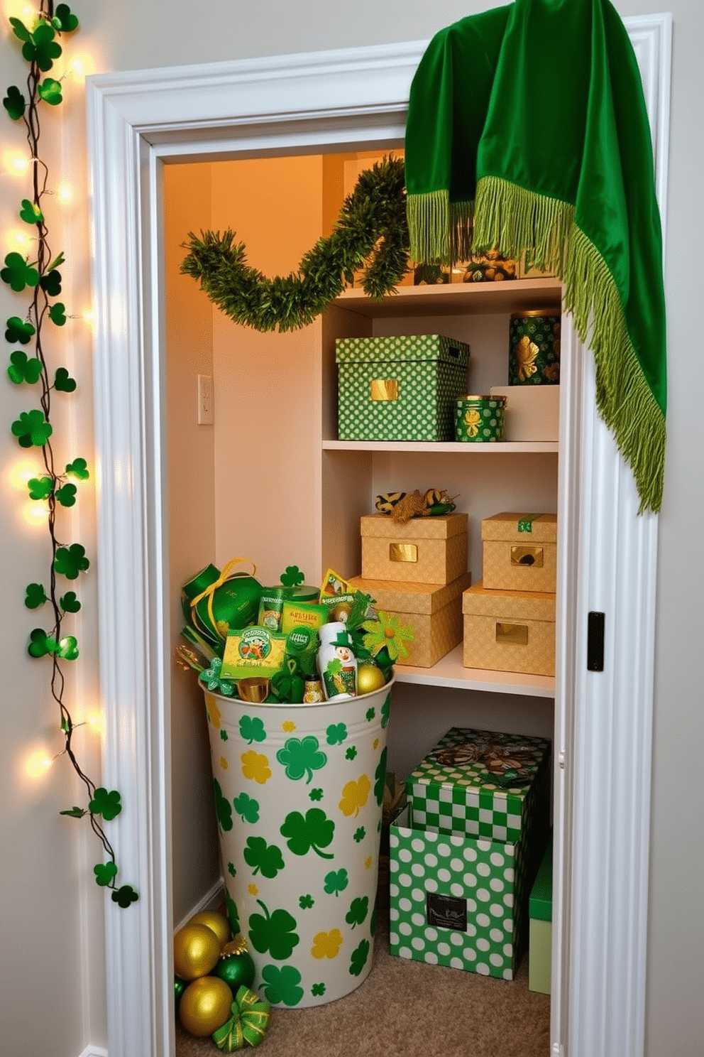 A festive St. Patrick's Day themed bin is adorned with vibrant green and gold decorations, featuring shamrocks and leprechauns. The bin is placed in a cozy corner, surrounded by twinkling fairy lights and a cheerful garland of shamrocks. Inside the closet, St. Patrick's Day decorations are neatly organized, with green and gold accents that bring a touch of holiday cheer. Shelves are lined with decorative boxes filled with themed items, and a green velvet throw drapes over the top shelf for an added festive touch.