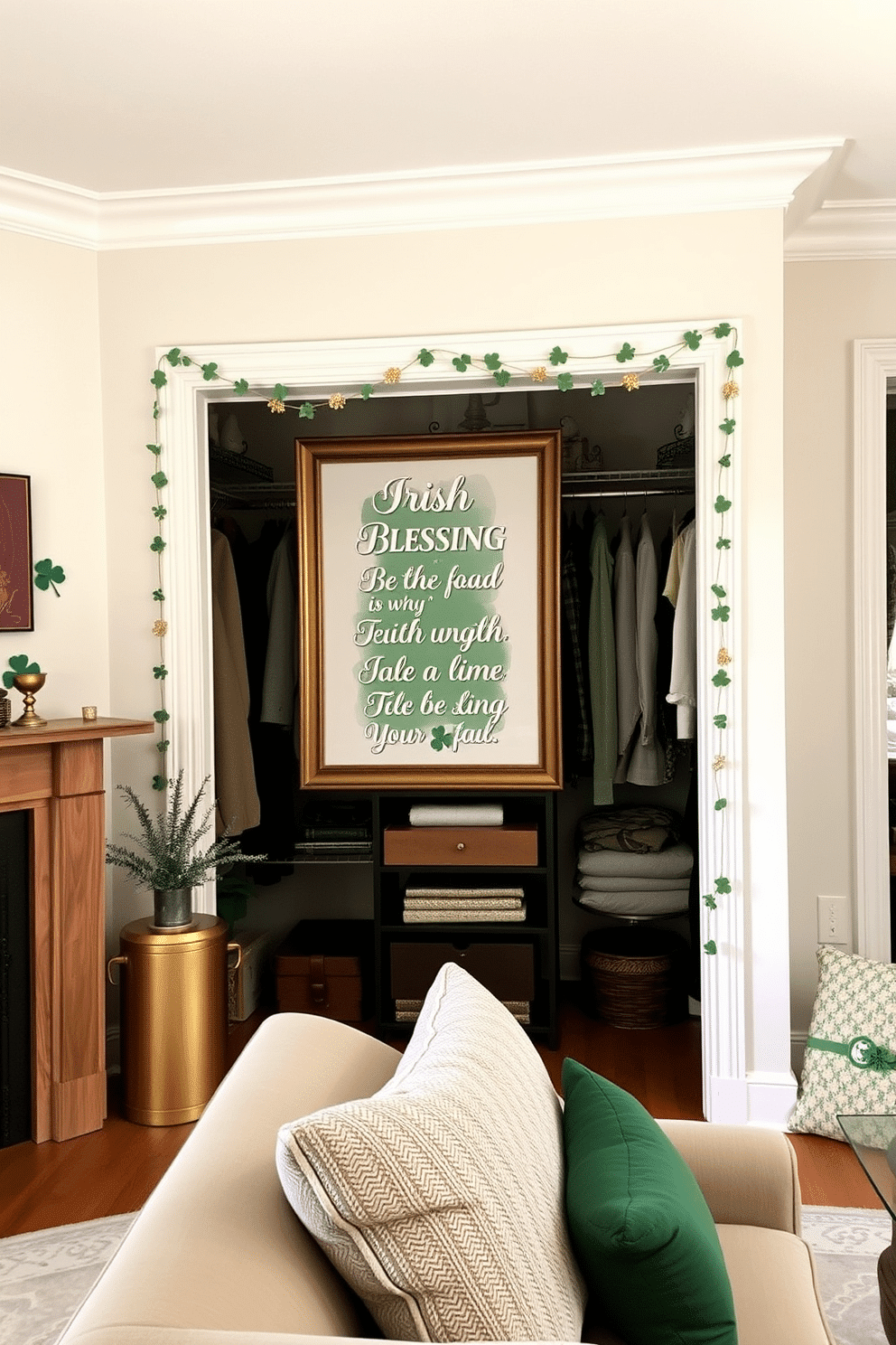 A charming living room featuring a large canvas displaying an Irish blessing quote, elegantly framed in a rustic wood frame. The wall art is complemented by soft green and gold accents throughout the room, creating a warm and inviting atmosphere. A stylish closet adorned with subtle St. Patrick’s Day decorations, including delicate shamrock garlands and gold-hued accessories. The space is organized and functional, showcasing festive touches while maintaining an elegant and cohesive design.