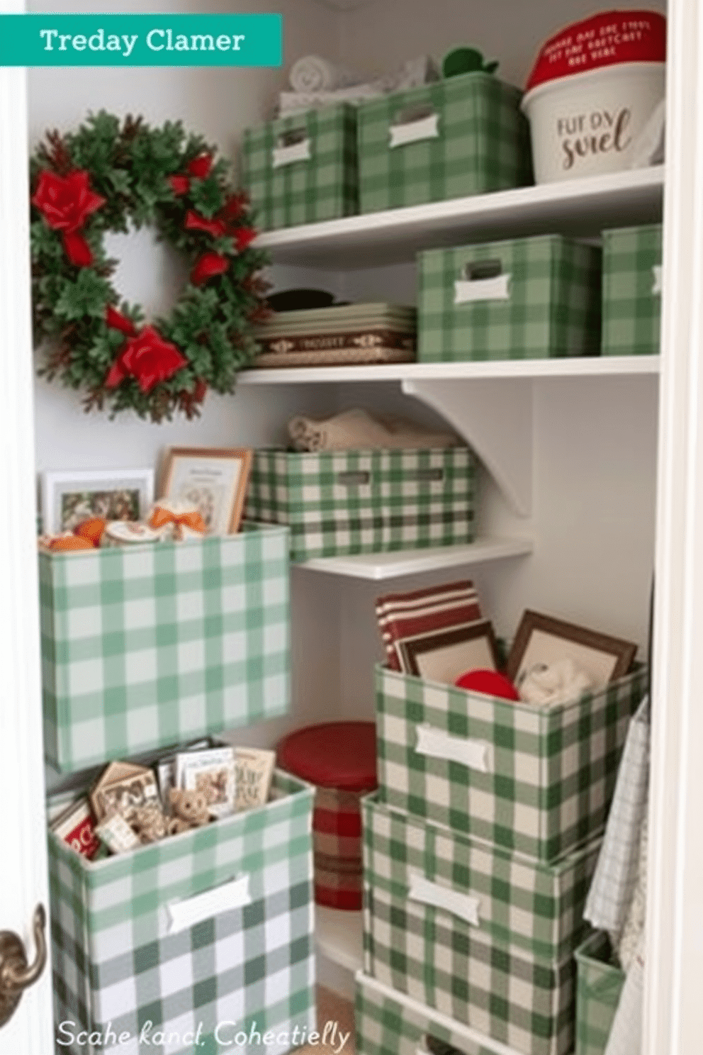 A cozy closet adorned with green plaid fabric storage boxes, neatly arranged to add a touch of charm and organization. The boxes are filled with seasonal decor items, creating a festive atmosphere in preparation for St. Patrick's Day celebrations.