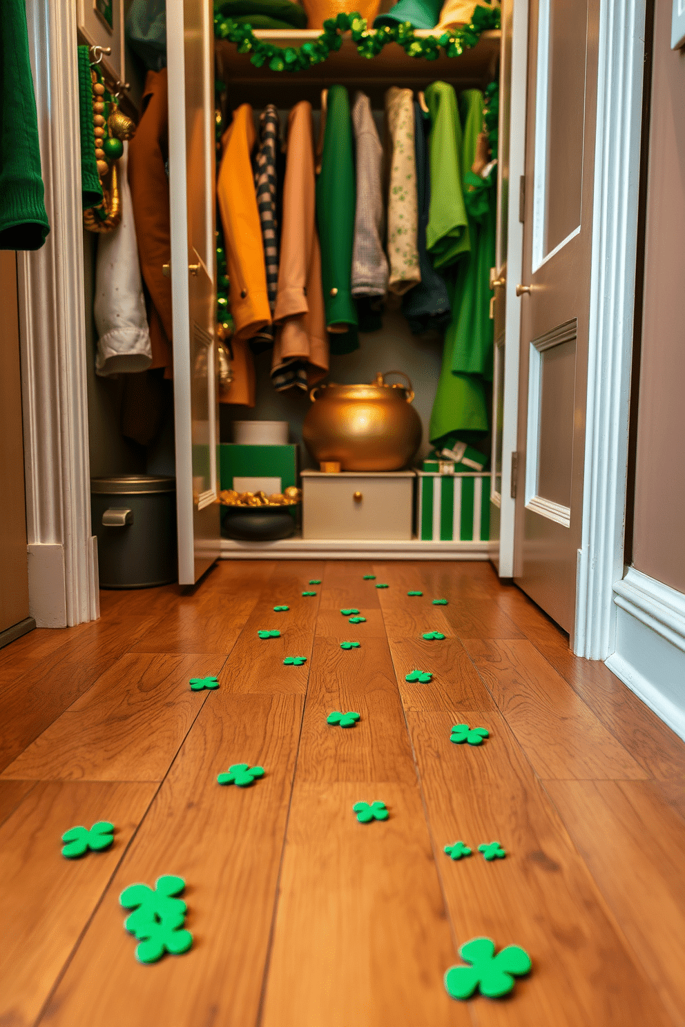 A whimsical St. Patrick's Day scene featuring tiny leprechaun footprints scattered across a wooden floor, leading towards a beautifully decorated closet. The closet is adorned with vibrant green and gold accents, showcasing festive decorations like shamrock garlands and glittering pots of gold.