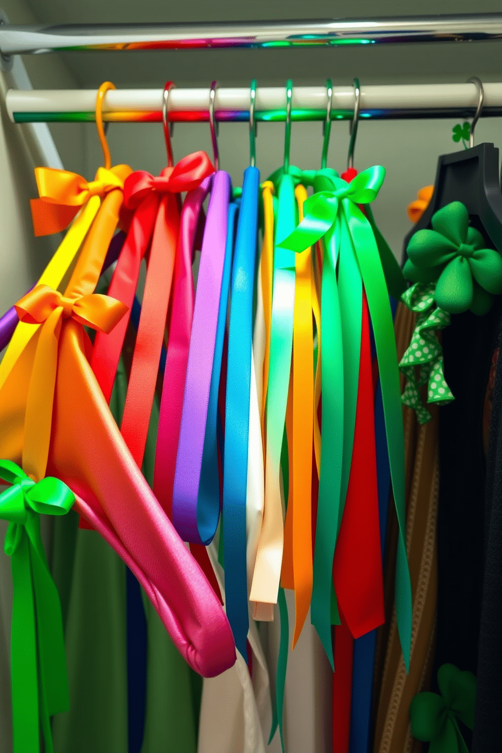 A vibrant display of rainbow ribbons elegantly tied to hangers, creating a festive atmosphere in a stylish closet. The hangers are arranged in a gradient, showcasing a spectrum of colors that celebrates St. Patrick's Day with playful charm. Lush green accents complement the rainbow theme, with shamrock decorations subtly integrated into the closet design. Soft lighting enhances the cheerful ambiance, making the space feel inviting and celebratory for the holiday.