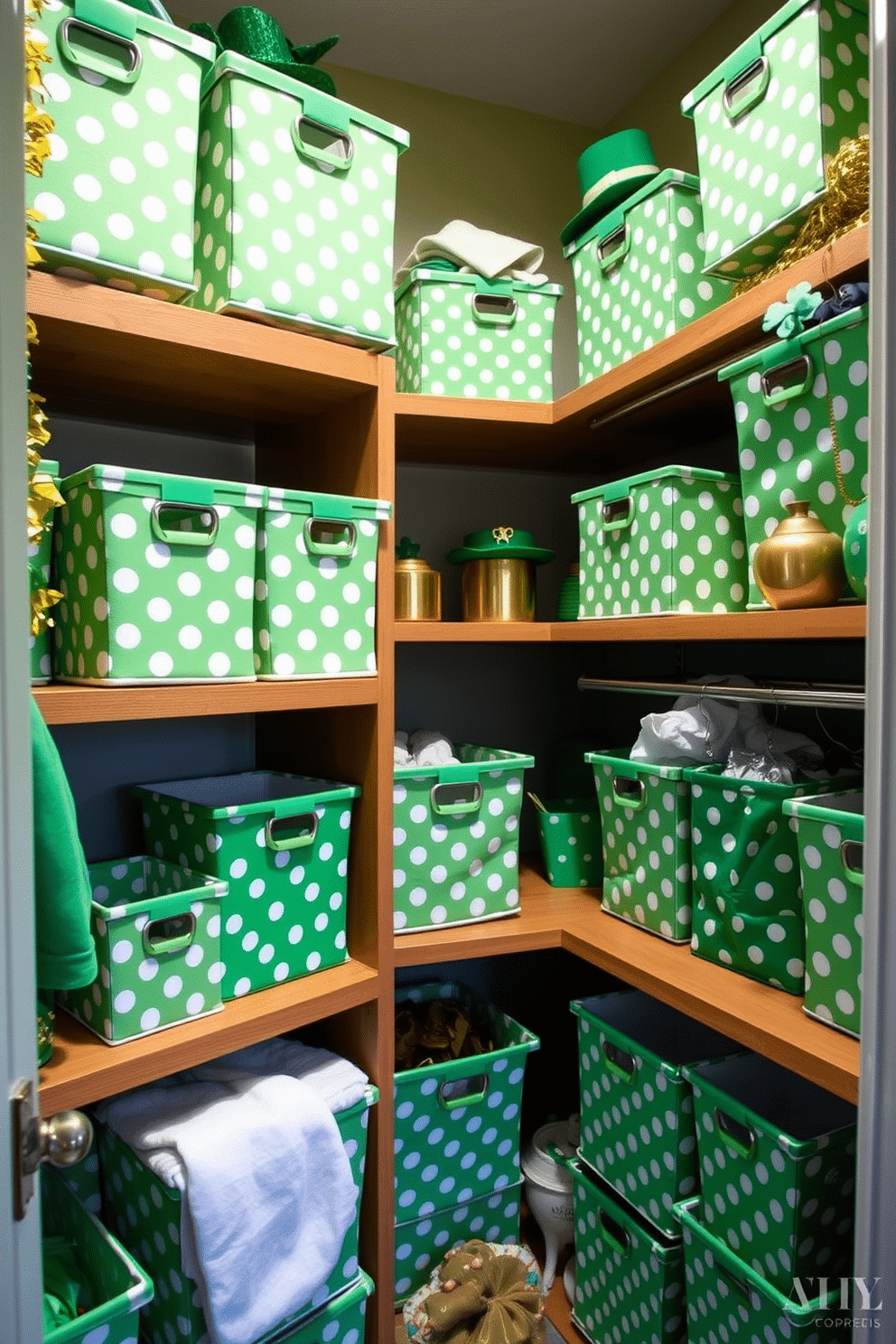 A charming closet space adorned with green and white polka dot bins, neatly organized to enhance both functionality and style. The bins are arranged on wooden shelves, creating a playful yet sophisticated atmosphere perfect for St. Patrick's Day decorating. Incorporating festive elements, the closet features accents of gold and shamrock motifs, adding a touch of celebration. Soft, ambient lighting illuminates the space, highlighting the cheerful decor while maintaining an inviting feel.