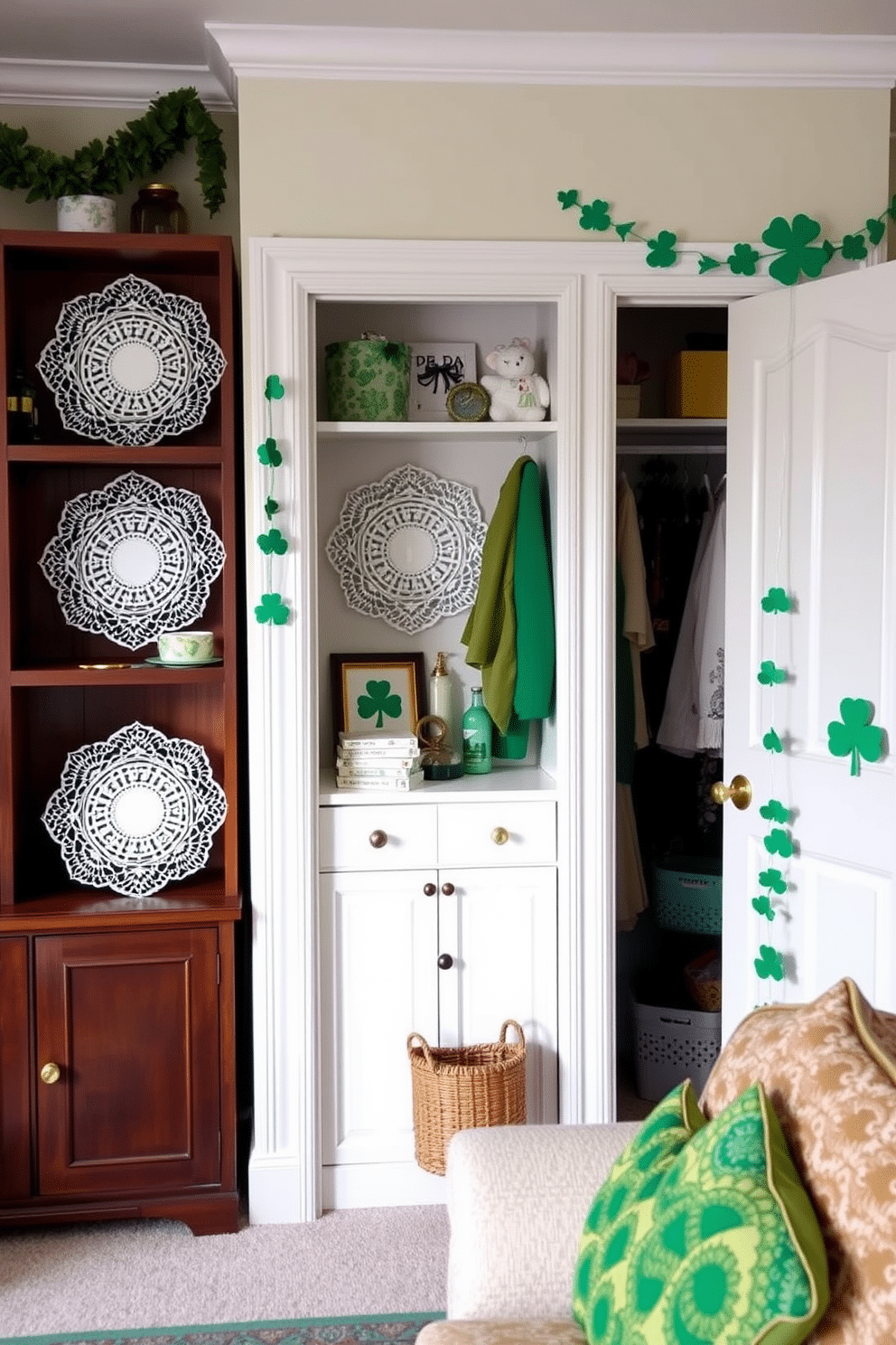 A charming living room adorned with Irish lace doilies elegantly placed on wooden shelves. The doilies feature intricate patterns, adding a touch of heritage and warmth to the space. A cozy closet decorated for St. Patrick's Day, showcasing green and gold accents. Shamrock-themed accessories and festive garlands create a lively and inviting atmosphere.