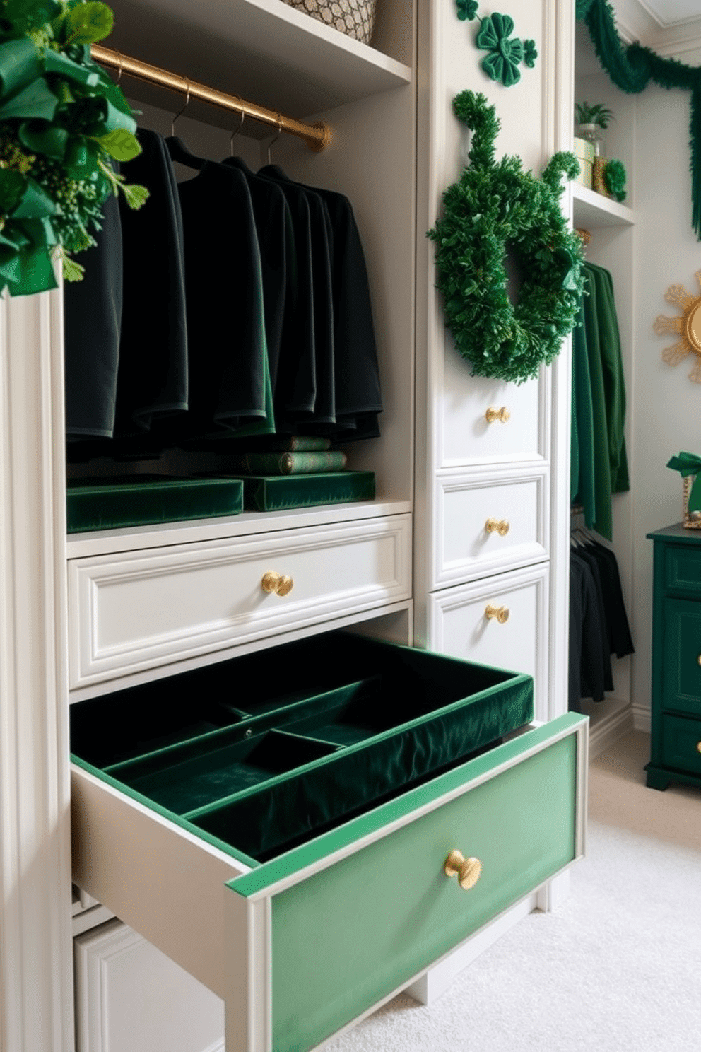 A luxurious closet space featuring deep green velvet drawer liners that add a touch of elegance and softness. The walls are adorned with tasteful St. Patrick's Day decorations, including subtle green accents and gold accents that evoke a festive yet sophisticated atmosphere.