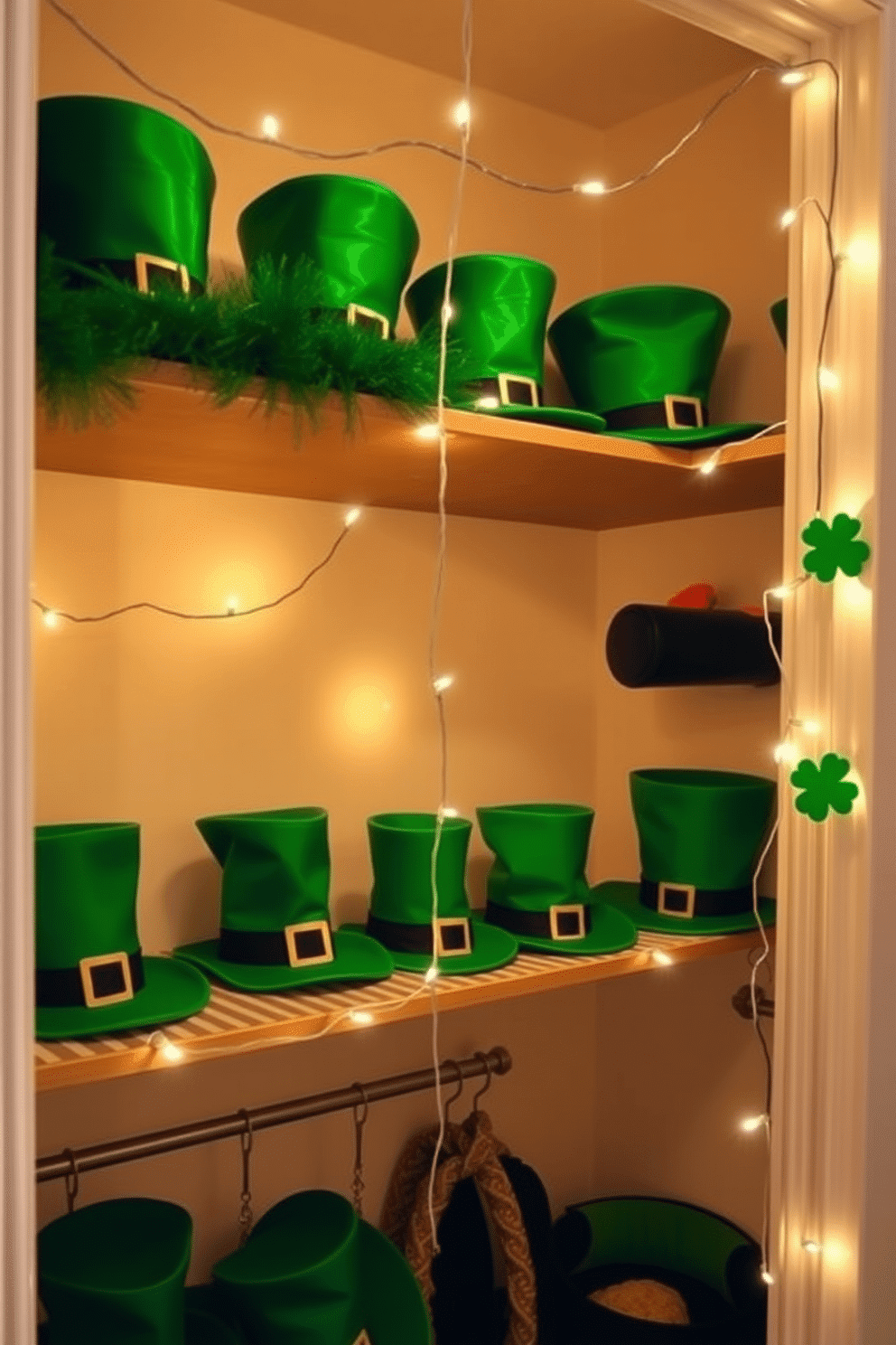 A whimsical closet adorned for St. Patrick's Day features vibrant green leprechaun hats neatly arranged on the shelves, adding a playful touch to the space. The walls are painted a soft cream, providing a warm backdrop for the festive decorations, while twinkling fairy lights drape across the closet for a magical ambiance.