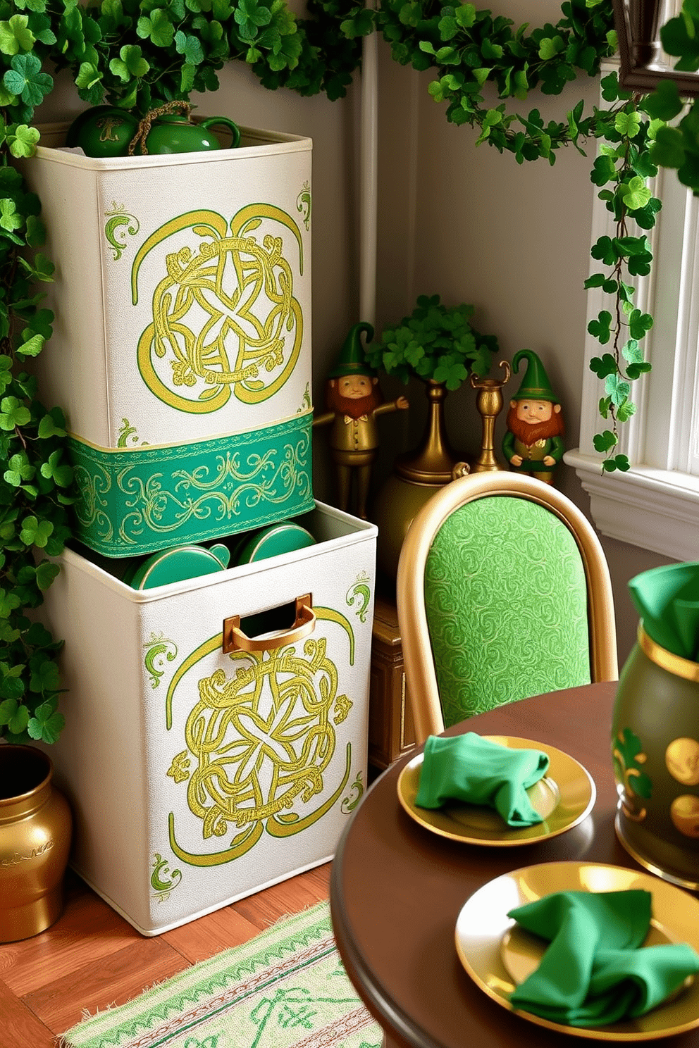 Celtic knot designs elegantly adorn the storage bins, showcasing intricate patterns in rich greens and golds that evoke a sense of tradition and craftsmanship. These bins are strategically placed in a cozy corner, enhancing the overall aesthetic of the room while providing functional storage. For St. Patrick's Day, the decor features vibrant green accents throughout the space, including garlands of shamrocks and playful leprechaun figurines. A festive table setting is created with gold-rimmed dishes and green napkins, inviting warmth and celebration into the home.