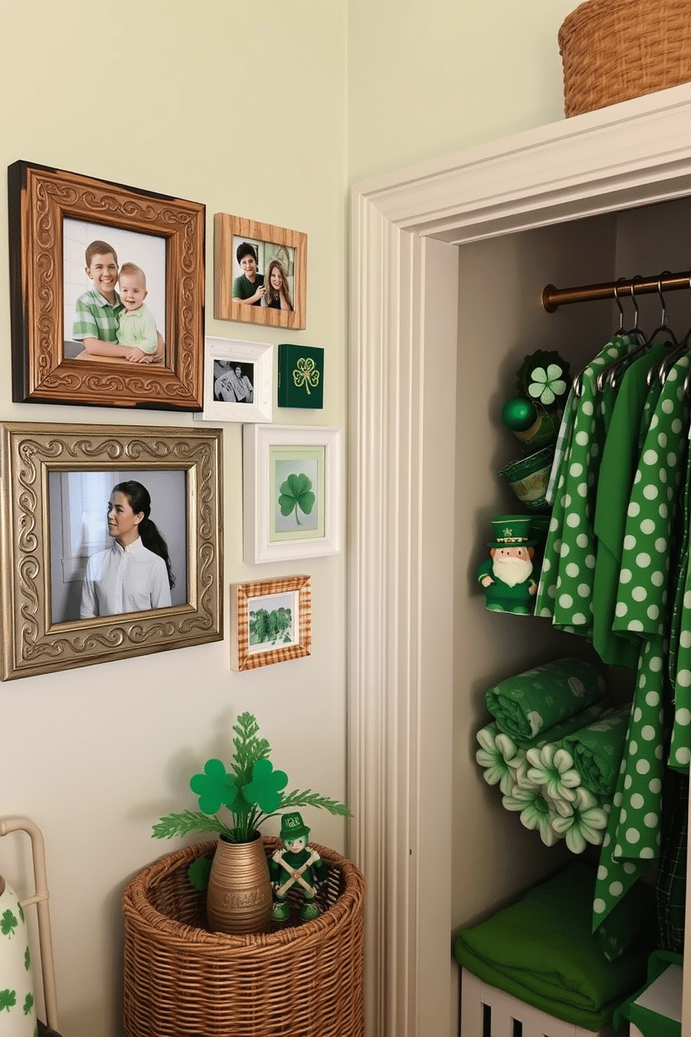 A cozy corner featuring Irish-themed photo frames adorned with traditional Celtic designs. The frames are arranged in an artistic collage on a rustic wooden wall, celebrating family memories and Irish heritage. Next to the frames, a stylish closet showcases festive St. Patrick's Day decorations. The closet is filled with green accents, including shamrock-patterned linens and playful leprechaun figurines, creating a cheerful atmosphere for the holiday.