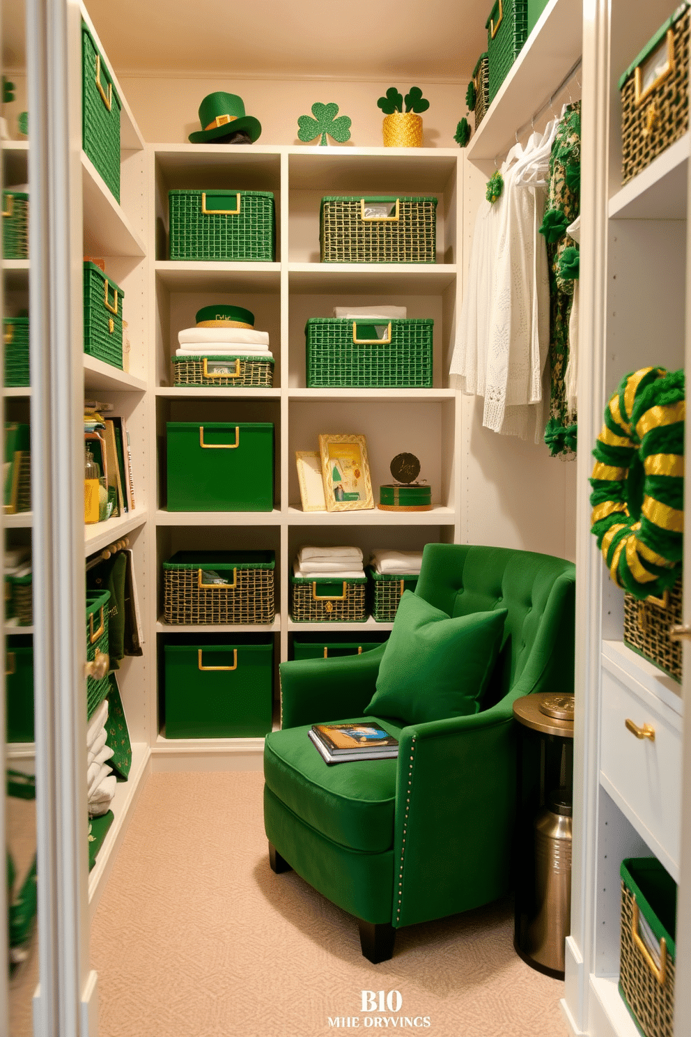 A stylish closet adorned with green and gold storage baskets, perfectly organized to enhance functionality and aesthetics. The walls are painted a soft cream, creating a bright backdrop for the vibrant baskets that add a touch of festive charm for St. Patrick's Day. Decorative elements include shamrock-themed accents and subtle hints of gold throughout the space. A cozy reading nook is integrated into the closet, featuring a plush armchair and a small side table, inviting relaxation amidst the holiday decor.