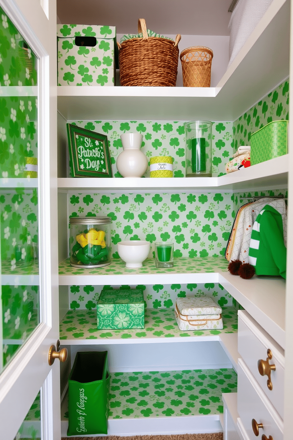 A charming closet adorned with shamrock-patterned shelf liners creates a festive atmosphere for St. Patrick's Day. The vibrant green hues and playful designs bring a touch of whimsy, complementing neatly organized shelves filled with seasonal decor and festive attire.