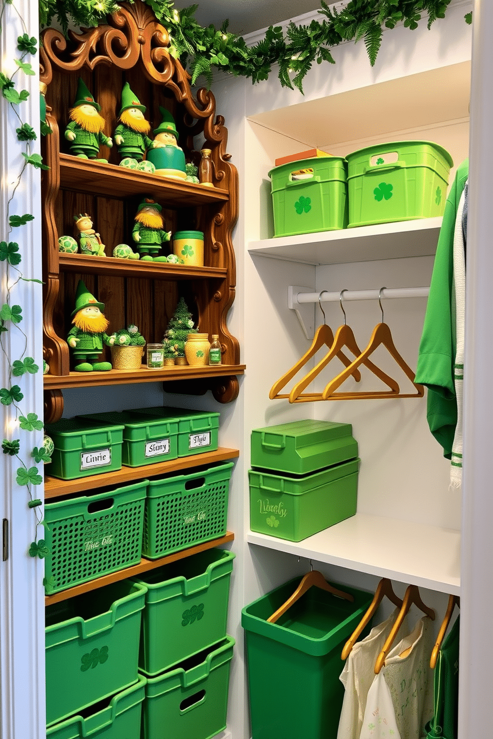 A whimsical St. Patrick's Day display featuring charming leprechaun figurines on intricately designed wooden shelves. The shelves are adorned with green and gold accents, surrounded by festive garlands of shamrocks and twinkling fairy lights to create a magical ambiance. In the closet, vibrant green storage bins are organized neatly, each labeled with playful St. Patrick's Day motifs. The space is enhanced with touches of gold, including hangers and decorative elements that celebrate the spirit of the holiday.