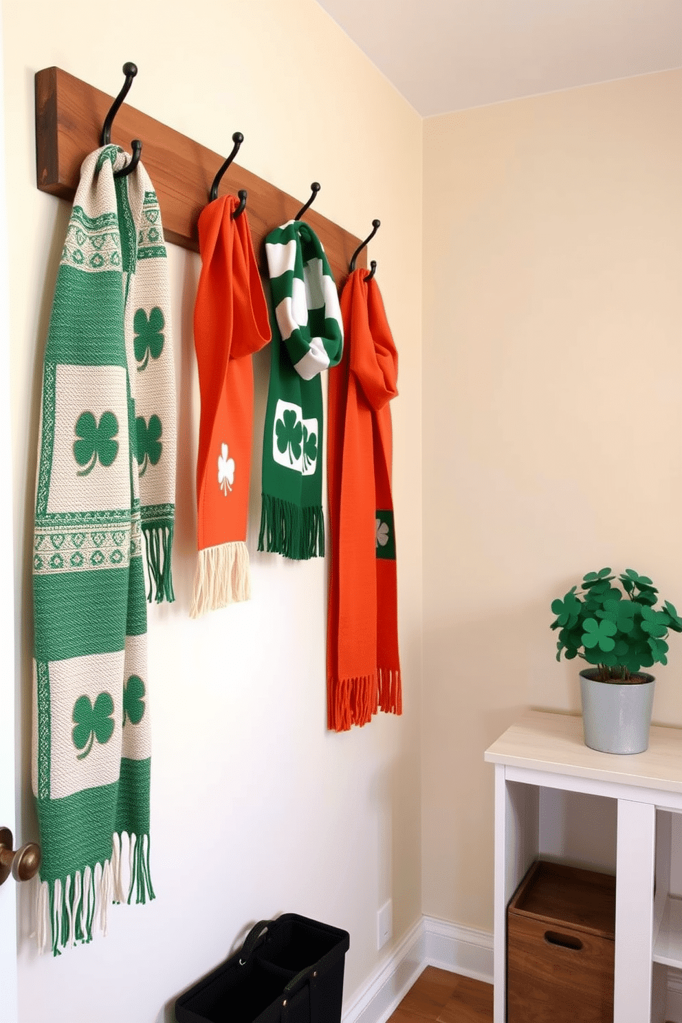 A cozy entryway adorned with Irish-themed scarves hanging on rustic wooden hooks. The walls are painted a soft cream, and a small potted shamrock plant sits on a nearby shelf, adding a touch of greenery for St. Patrick's Day charm.