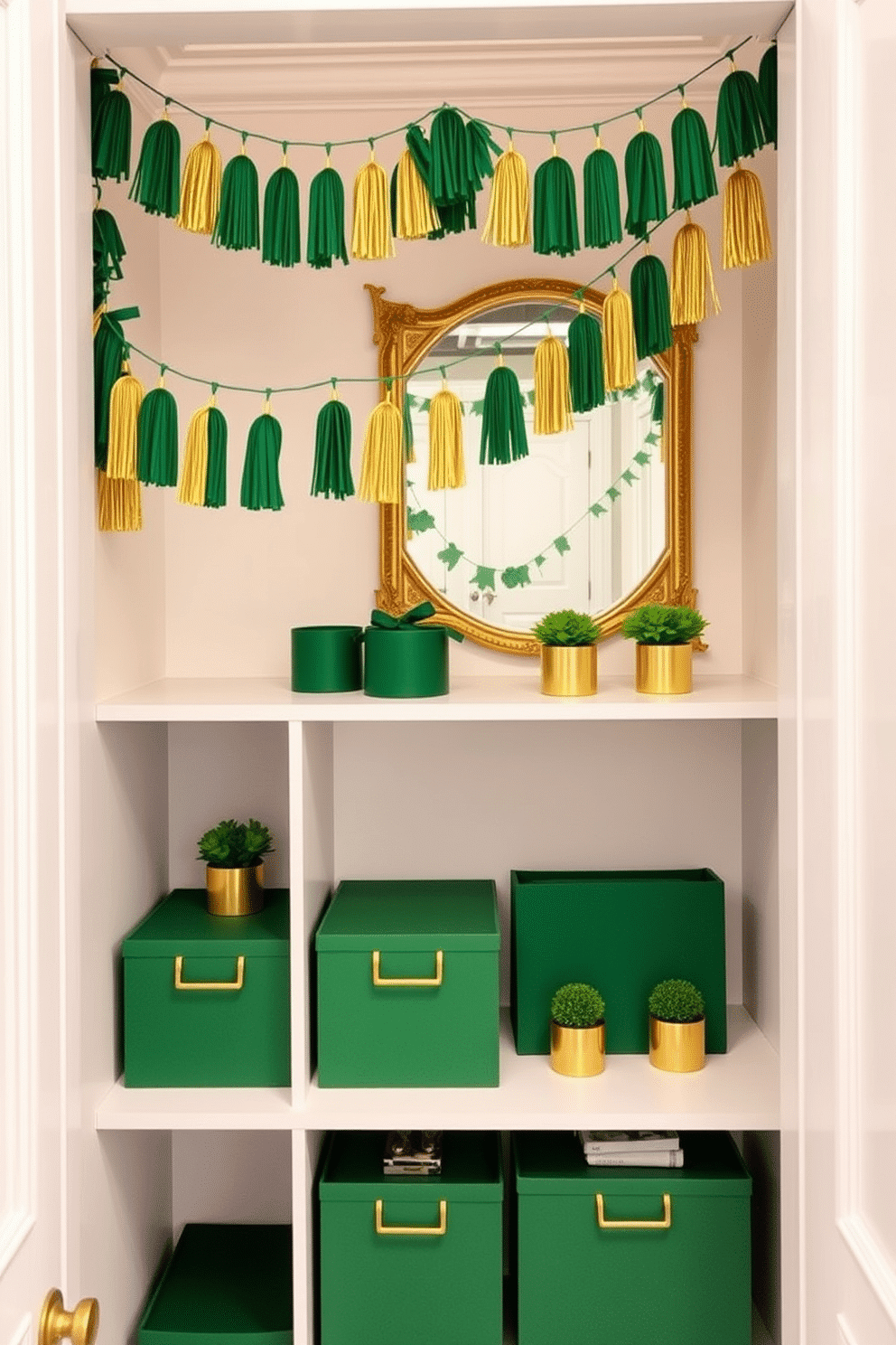 A luxurious closet adorned with a green and gold tassel garland, elegantly draped across the top shelf. The walls are painted a soft white, creating a bright backdrop for the festive decor, while stylish storage bins in shades of emerald and gold are neatly organized below. Incorporate St. Patrick's Day decorating ideas by adding small potted shamrocks on the shelves, bringing a touch of nature indoors. A chic gold-framed mirror reflects the vibrant garland, enhancing the overall festive atmosphere of the space.