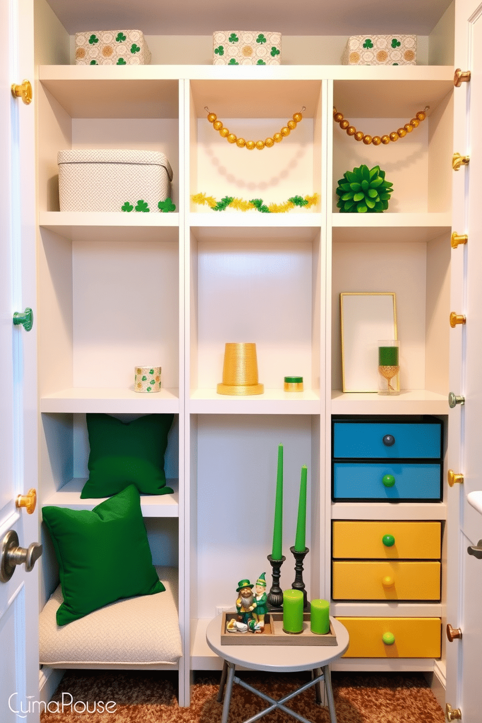 A vibrant closet space adorned with rainbow-colored drawer knobs that add a playful touch to the design. The shelves are neatly organized, featuring a mix of festive St. Patrick's Day decorations, including shamrock garlands and gold accents. The walls are painted in a soft pastel tone to complement the colorful knobs, creating a cheerful atmosphere. A cozy seating area is included, with green cushions and a small table displaying themed decor items like leprechaun figurines and green candles.