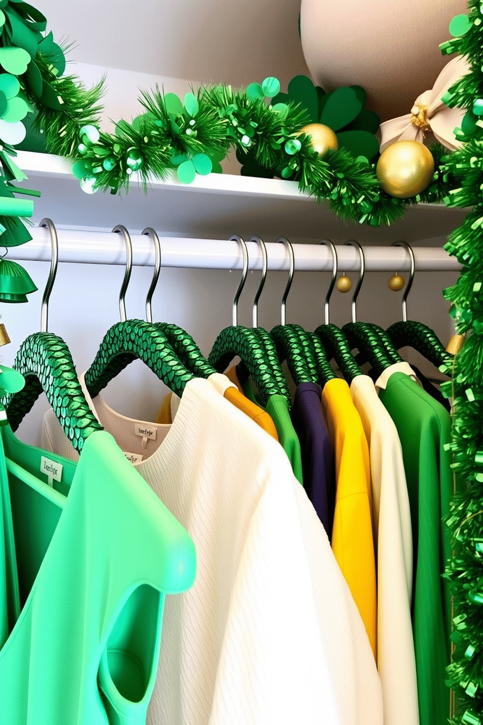 Create a vibrant closet space adorned with green sequin hangers, adding a touch of glamour and festivity. The hangers are arranged neatly, showcasing an array of St. Patrick's Day-themed outfits in various shades of green. Incorporate decorative elements like shamrock garlands and gold accents to enhance the celebratory atmosphere. Soft lighting illuminates the closet, highlighting the shimmering sequins and creating an inviting environment for holiday preparations.