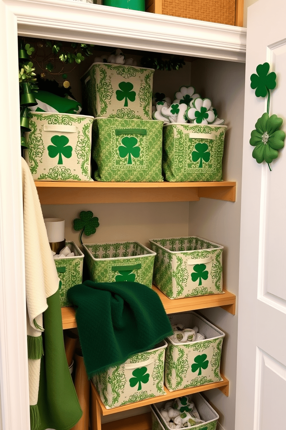 A charming closet space adorned with Irish-themed fabric bins, each featuring vibrant green patterns and Celtic designs. The bins are neatly arranged on a wooden shelf, enhancing the festive atmosphere of the closet while providing functional storage. St. Patrick's Day decorations are tastefully displayed, with accents of shamrocks and gold accents throughout the space. A cozy throw blanket in a rich emerald hue drapes over the shelf, inviting warmth and celebration into the closet.