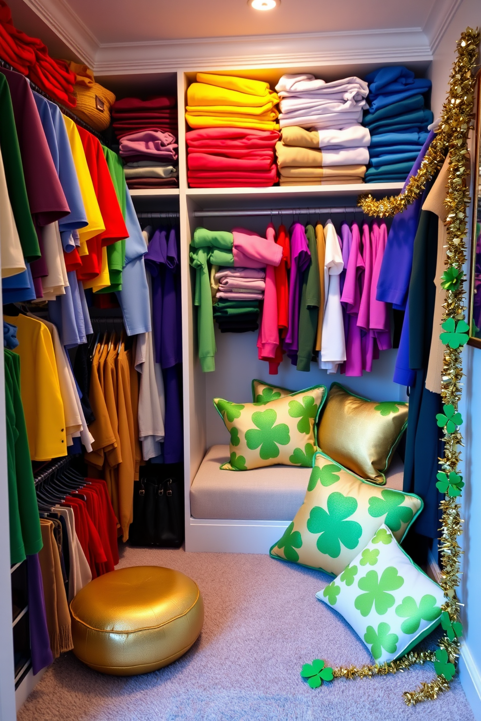 A vibrant display of rainbow-colored clothing is artfully arranged in a stylish closet, showcasing an array of hues from red to violet. Each section is neatly organized, allowing for easy access and a visually striking presentation that celebrates color and creativity. For St. Patrick's Day, the space is adorned with festive decorations, featuring green shamrocks and golden accents. A cozy nook is enhanced with playful garlands and themed throw pillows, creating an inviting atmosphere that captures the spirit of the holiday.