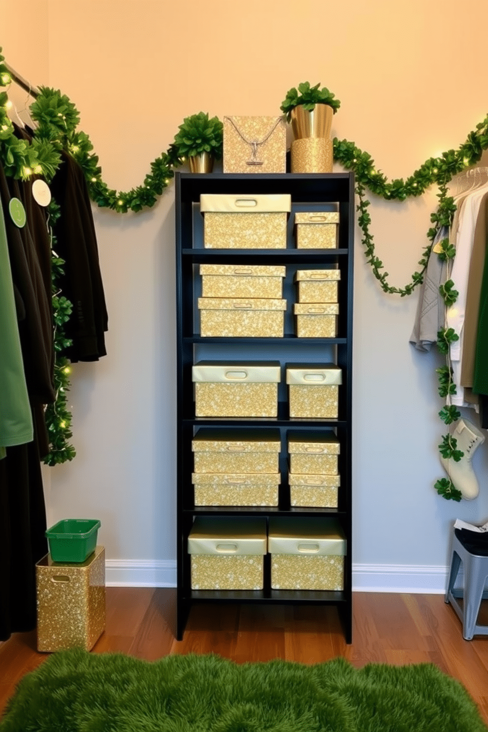 A stylish closet adorned with gold glitter shoe boxes stacked neatly on a sleek black shelving unit. The space is accentuated with festive St. Patrick's Day decorations, featuring green and gold accents, shamrock garlands, and twinkling fairy lights. The walls are painted in a soft cream color, providing a warm backdrop that highlights the shimmering boxes. A plush green rug lies underfoot, adding a touch of comfort and elegance to the overall design.