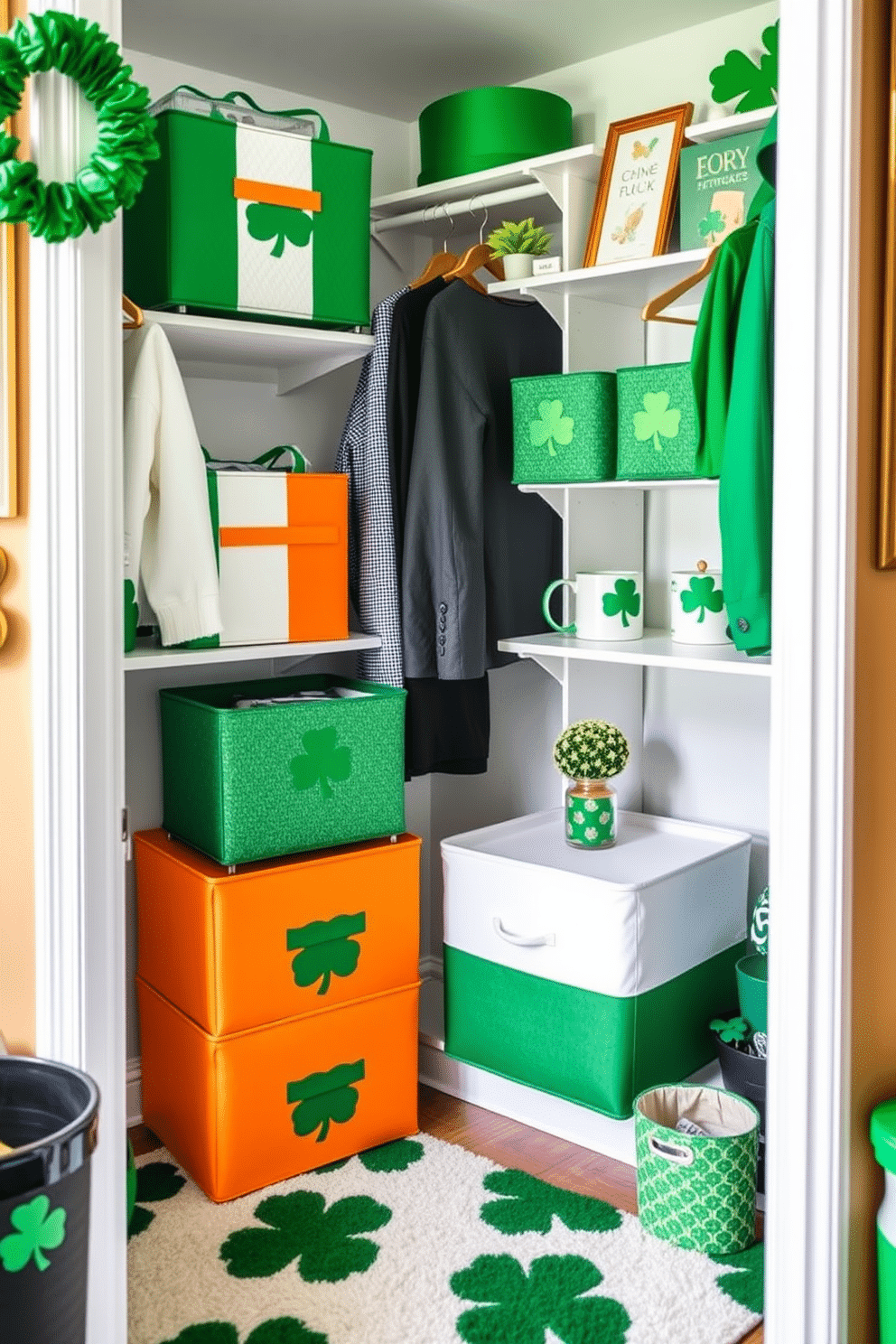 Create a cozy and festive closet space decorated for St. Patrick's Day. Incorporate Irish flag-themed storage bins that add a pop of color and organization, featuring vibrant green, white, and orange patterns. Enhance the atmosphere with subtle green accents throughout the closet, such as a shamrock-patterned rug and gold-toned hangers. Add decorative elements like small potted plants and themed wall art to celebrate the holiday in style.