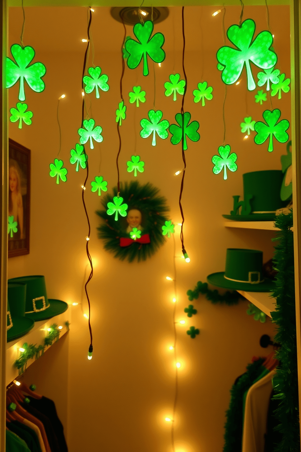 A cozy closet adorned with hanging shamrock lights, casting a warm glow throughout the space. The walls are painted a soft white, and the shelves are filled with festive St. Patrick's Day decorations, including green hats and garlands.