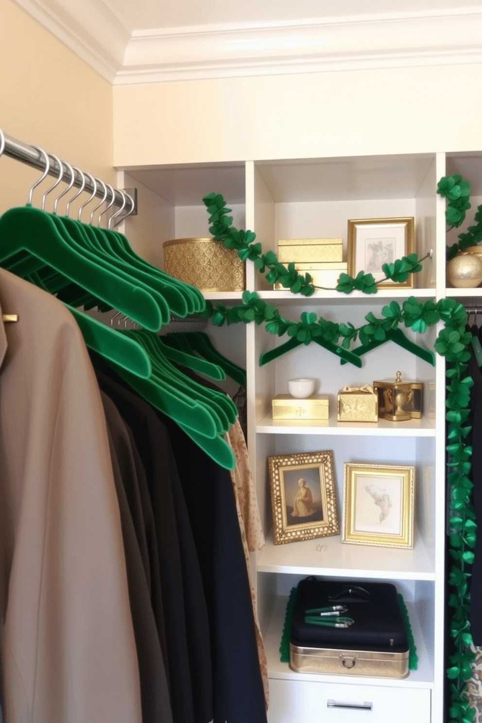 A stylish closet adorned with green velvet hangers, elegantly displaying a variety of garments. The walls are painted in a soft cream, providing a warm backdrop that enhances the richness of the hangers. For St. Patrick's Day, the closet features festive decorations, including shamrock garlands draped across the shelves. Subtle touches of gold accents, such as decorative boxes and framed art, add a touch of elegance to the celebratory theme.