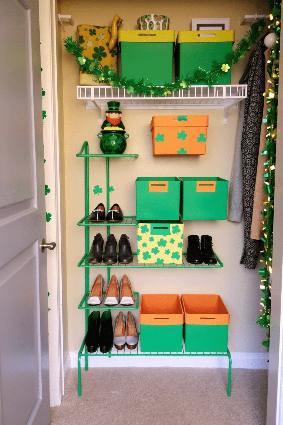 A festive St. Patrick's Day themed shoe rack, creatively designed with vibrant green paint and adorned with shamrock decals. The rack features multiple tiers to hold various shoes, and a small decorative pot of gold sits on top, adding a playful touch to the entryway. Closet St. Patrick's Day decorating ideas include hanging green and gold garlands along the shelves and incorporating themed storage bins for organization. A whimsical touch can be added with a small leprechaun figurine placed on the top shelf, creating a cheerful atmosphere in the closet space.