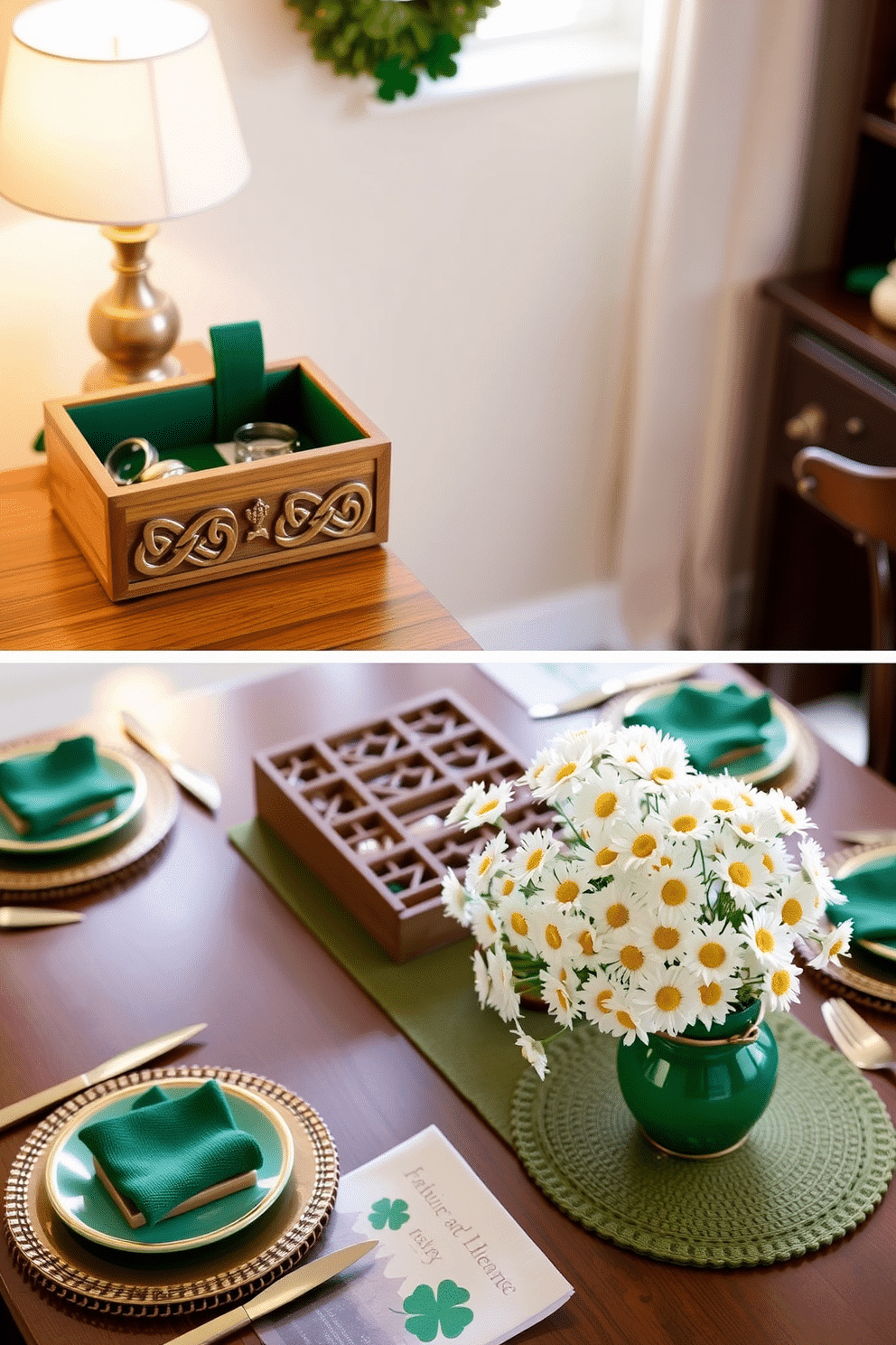 A charming Irish-themed jewelry organizer featuring intricate Celtic knot designs carved into the wood, with compartments for rings, necklaces, and bracelets. The organizer is adorned with green velvet lining and a small shamrock motif, creating a festive yet elegant display. A cozy St. Patrick's Day decorating idea that includes a beautifully set dining table with green and gold accents, featuring shamrock-patterned tableware and a centerpiece of fresh white daisies. Soft, ambient lighting casts a warm glow over the scene, enhancing the festive atmosphere for a delightful celebration.