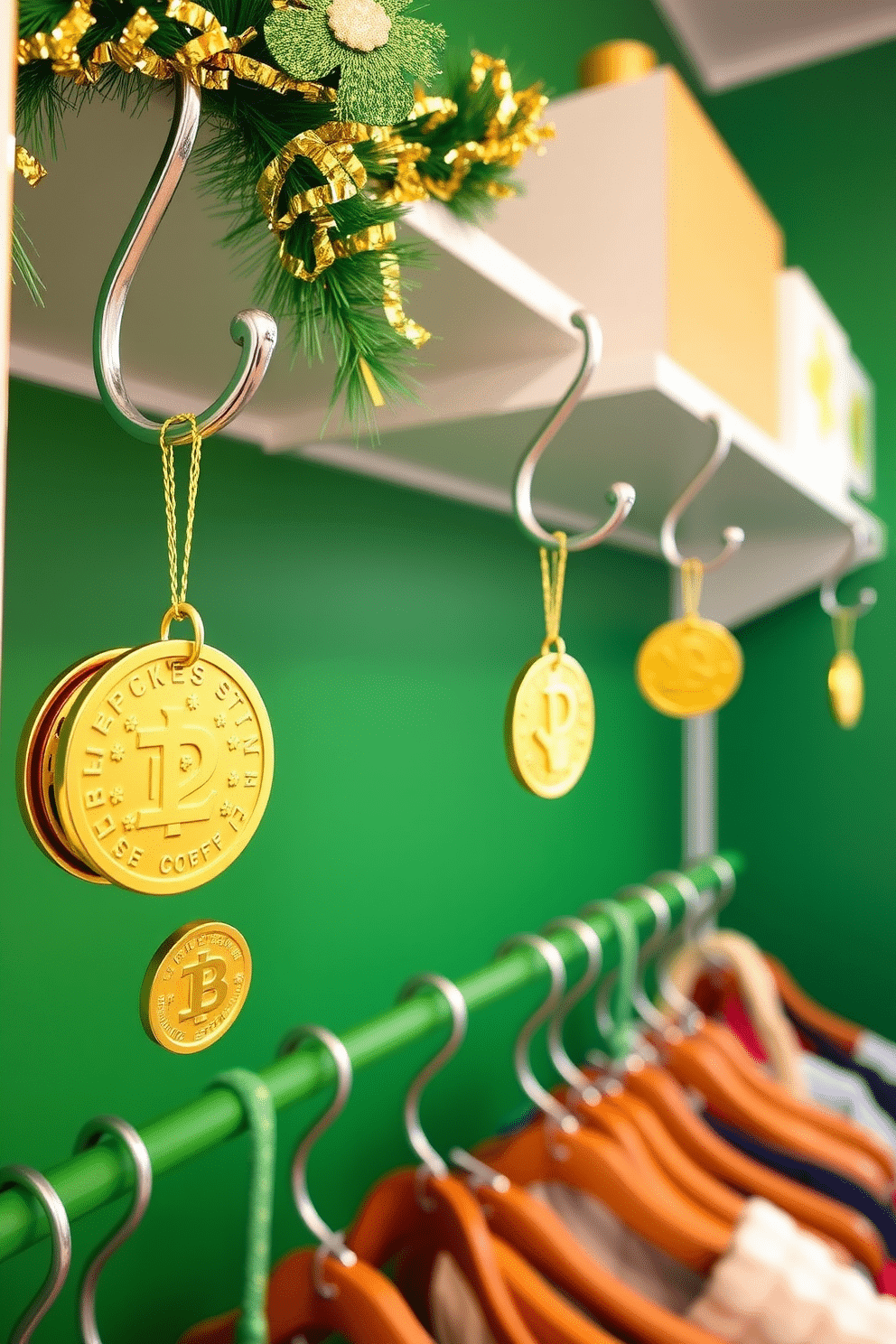 A festive St. Patrick's Day closet adorned with gold coin decorations hanging from elegant hooks. The backdrop features a vibrant green wall, complementing the shimmering gold accents and creating a cheerful holiday atmosphere.