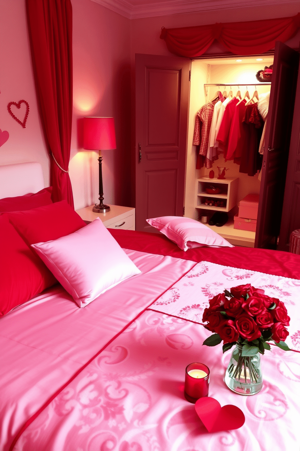 A romantic bedroom setting adorned with red and pink accents. The bed is dressed in luxurious crimson linens, accented by plush pink throw pillows and a delicate floral bedspread. On one side of the room, a stylish closet features heart-shaped decor and soft lighting. A small table is set with candles and a bouquet of red roses, creating a cozy, intimate atmosphere perfect for Valentine's Day.