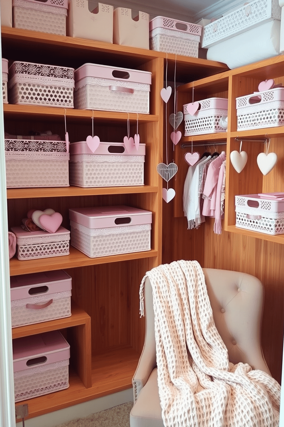 A charming closet adorned with lace-trimmed storage boxes, neatly organized on wooden shelves. The soft pastel colors of the boxes complement the warm wood tones, creating a romantic and inviting atmosphere. For Valentine's Day, the closet features delicate heart-shaped decorations hanging from the shelves, along with soft pink accents. A cozy throw blanket drapes over a chair, enhancing the overall theme of love and warmth in the space.