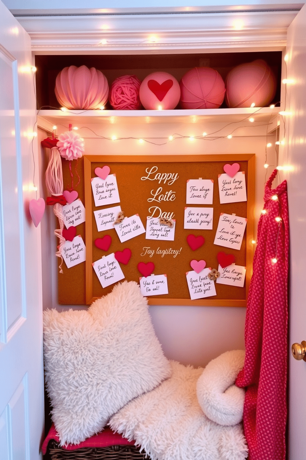 A cozy and romantic closet space adorned for Valentine's Day. Soft pink and red decorations hang from the shelves, while fairy lights twinkle softly, creating an intimate atmosphere. Personalized love notes are artfully displayed on a corkboard, each note written in elegant script. Plush pillows and a cozy throw blanket invite you to sit and reflect on cherished memories.