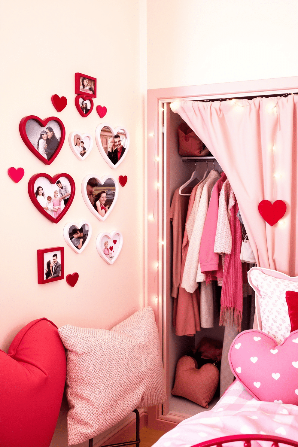 A cozy bedroom corner adorned with heart-shaped photo frames displaying cherished memories. The frames are arranged in a playful collage on a soft pastel wall, creating a romantic focal point. Next to the frames, a stylish closet is decorated with Valentine's Day-themed accents. Soft pink and red hues dominate the space, featuring heart-shaped cushions and delicate string lights that add a warm, inviting glow.