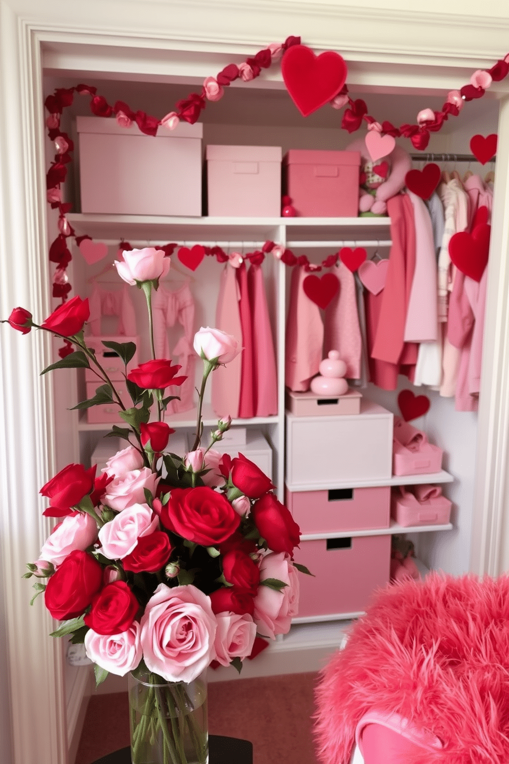 A vibrant display of red and pink floral arrangements fills the room, with lush roses and delicate peonies elegantly arranged in a glass vase. The flowers are complemented by soft, romantic lighting that enhances the warmth of the colors, creating an inviting atmosphere for Valentine's Day. A stylish closet is adorned with festive Valentine's Day decorations, featuring heart-shaped garlands and pastel-colored accents. The shelves are organized with chic storage boxes, while a plush throw in shades of pink and red adds a cozy touch to the space.