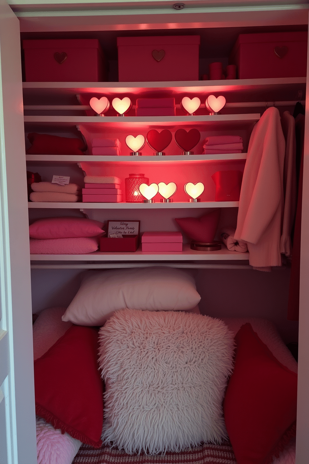 A cozy Valentine's Day closet decorated with heart-shaped candle holders, softly glowing to create a romantic ambiance. The shelves are adorned with pink and red accents, and plush throw pillows are scattered around for a warm, inviting touch.