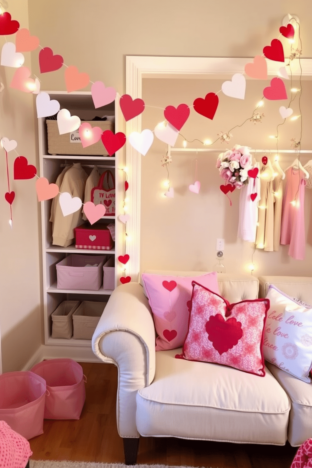 A charming Valentine's Day display featuring colorful bunting made of heart-shaped cutouts in shades of pink, red, and white, strung across a cozy living room. The bunting is complemented by soft, ambient lighting and decorative pillows with love-themed patterns adorning the couch. A beautifully organized closet adorned with Valentine's Day accents, showcasing pastel-colored storage bins and heart-shaped hooks for accessories. Delicate garlands of faux flowers and twinkling fairy lights add a romantic touch, creating a delightful atmosphere for the holiday.