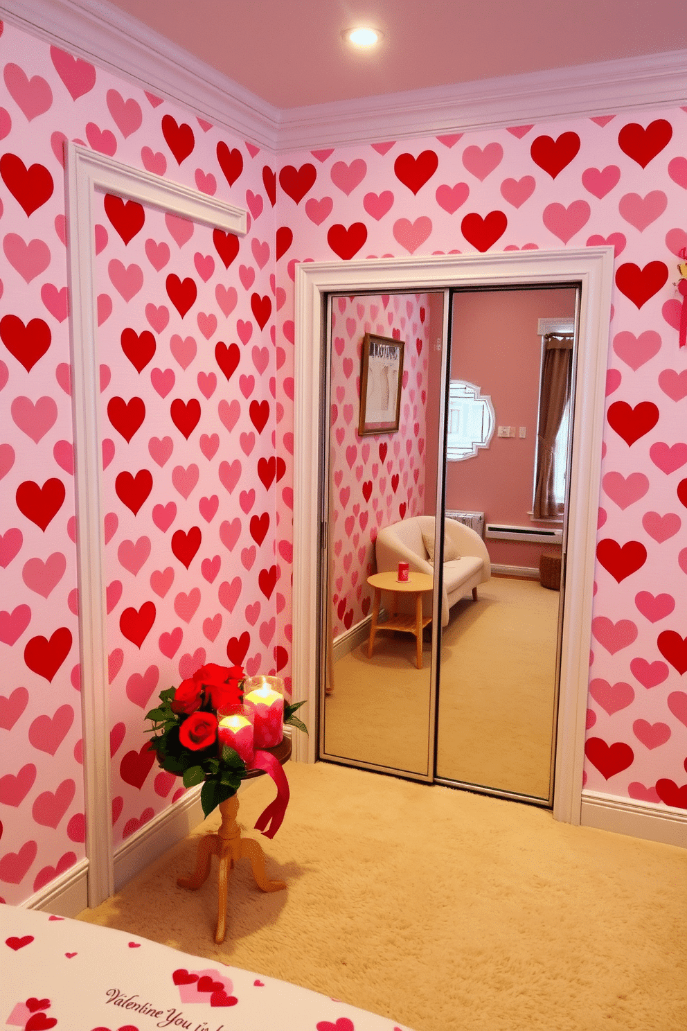 A cozy bedroom adorned with heart-patterned wallpaper that creates a romantic atmosphere. The walls are covered in soft pink and red hearts, complemented by white trim and a plush, cream-colored carpet. In the corner, a stylish closet features sliding doors with a glossy finish, reflecting the playful decor. A small table is set with Valentine's Day decorations, including heart-shaped candles and a bouquet of fresh roses.