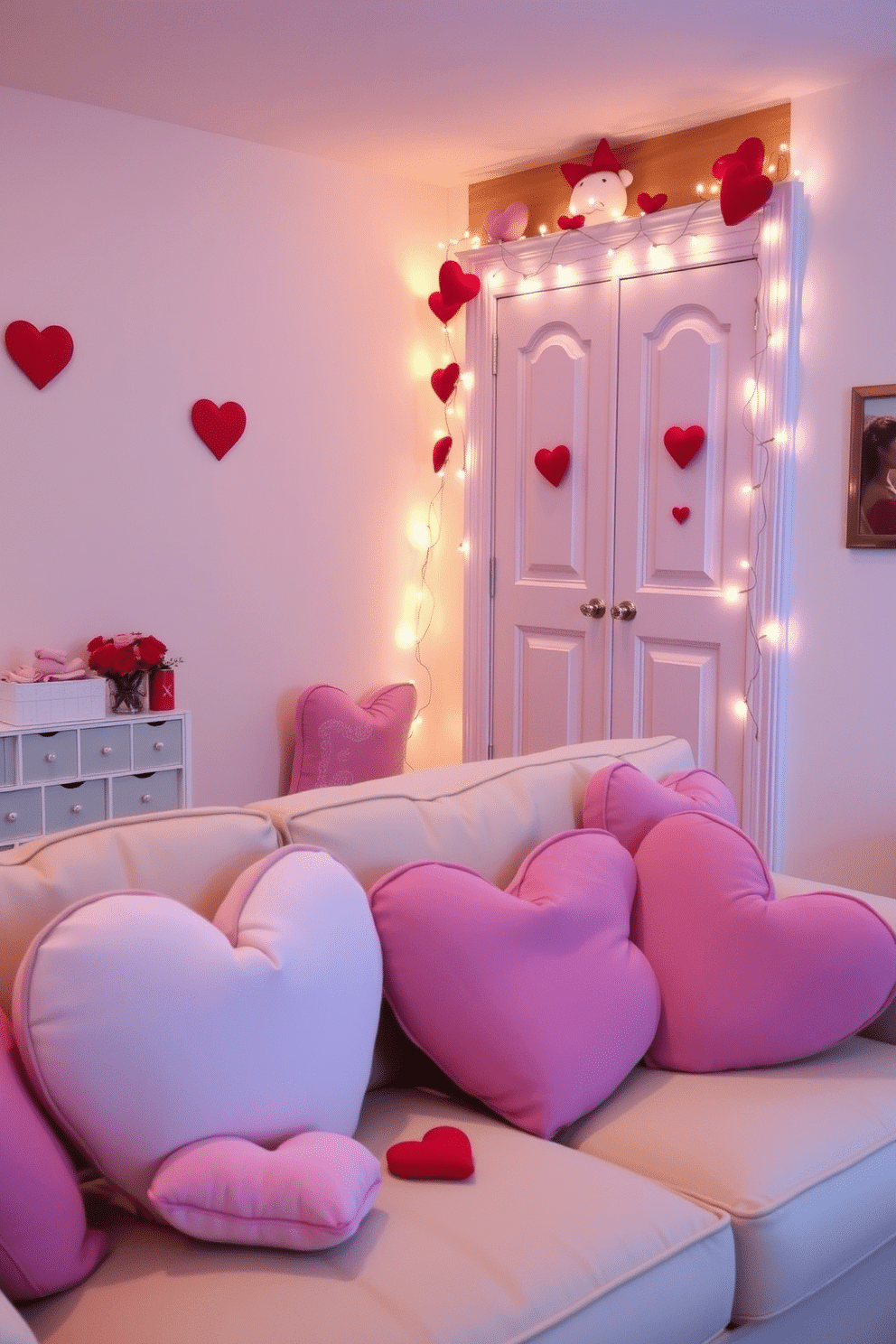 A cozy living room adorned with plush heart-shaped pillows in various shades of pink and red, scattered across a soft cream sofa. The space is illuminated by warm, ambient lighting, creating an inviting atmosphere perfect for a romantic evening. In the corner, a stylish closet is tastefully decorated with Valentine's Day-themed accents, including garlands of hearts and delicate fairy lights. The closet doors are painted in a soft pastel color, complementing the overall theme while providing a charming focal point in the room.